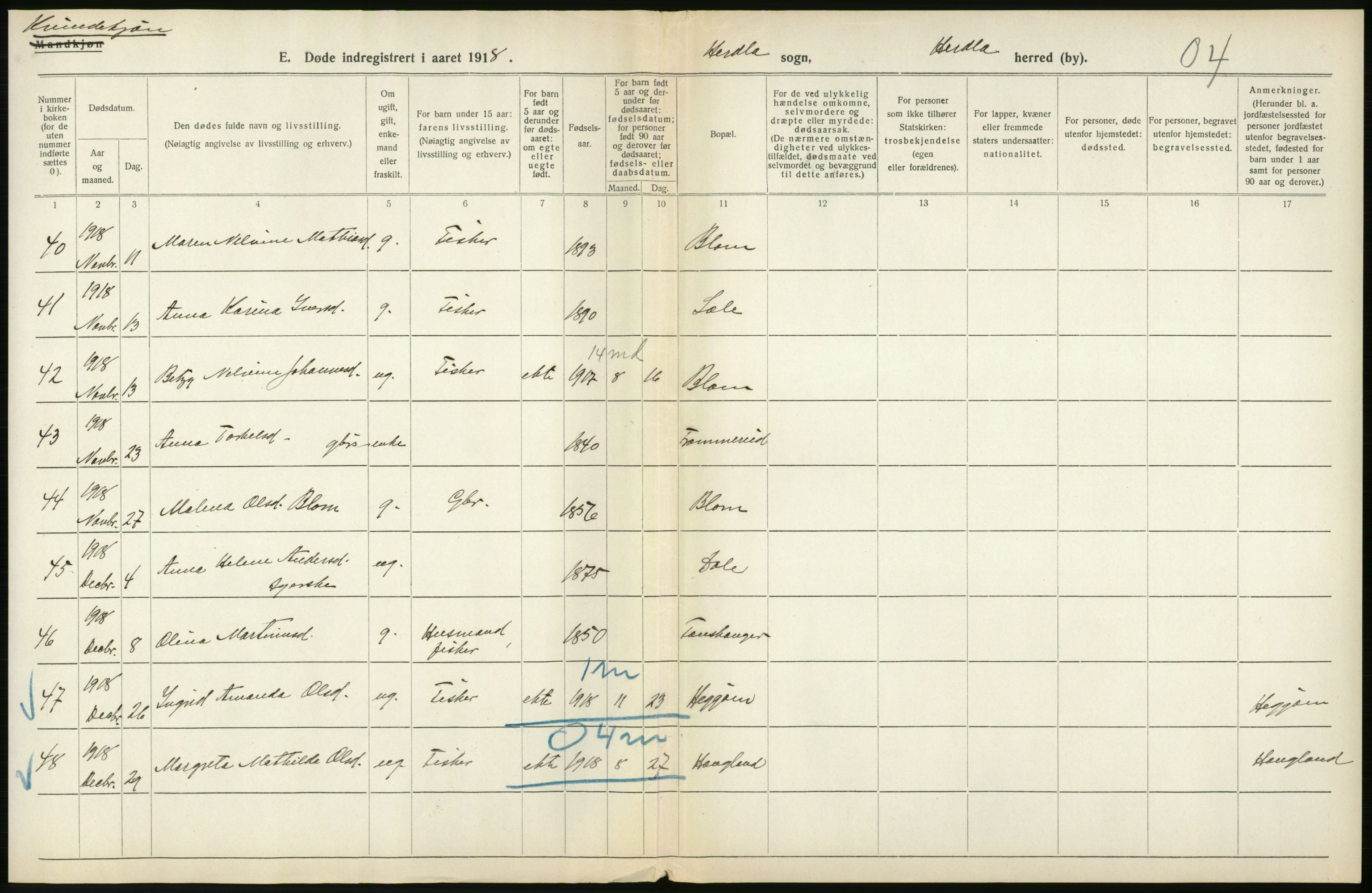 Statistisk sentralbyrå, Sosiodemografiske emner, Befolkning, AV/RA-S-2228/D/Df/Dfb/Dfbh/L0036: Hordaland fylke: Døde., 1918, s. 576