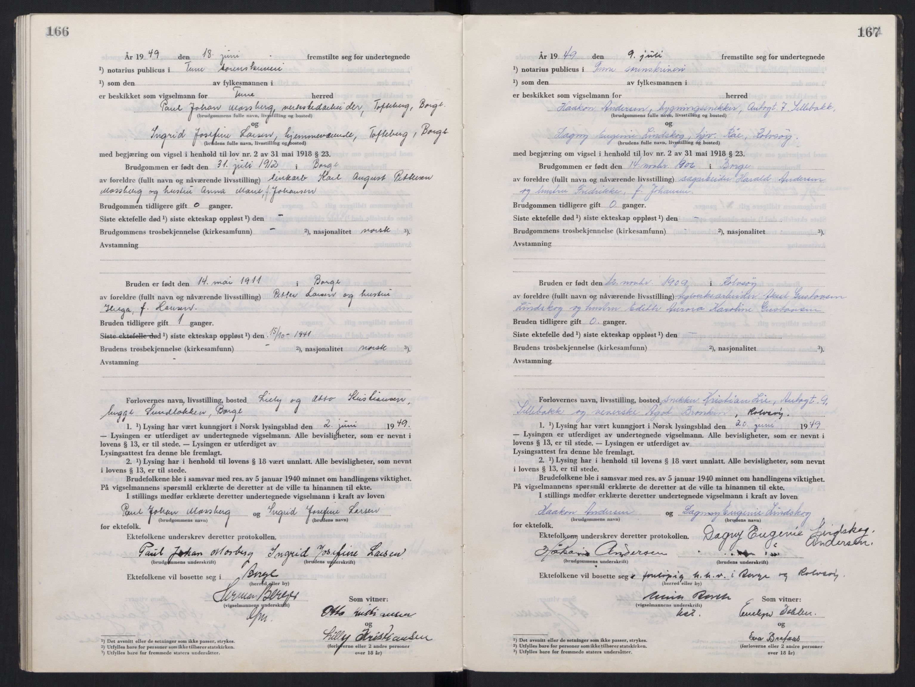 Tune sorenskriveri, AV/SAO-A-10470/L/Lb/L0003: Vigselprotokoll, 1944-1951, s. 166-167