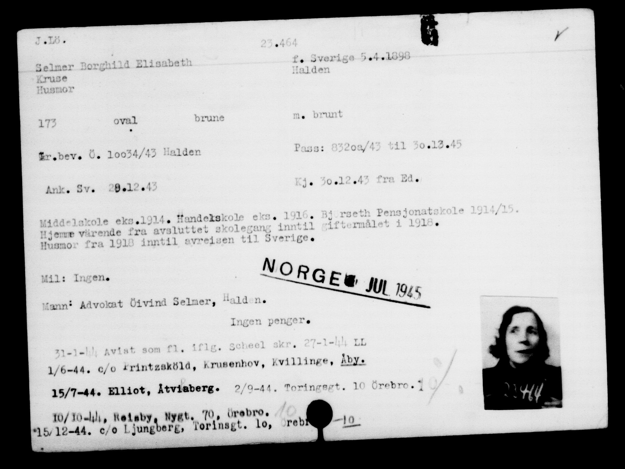 Utenriksstasjonene, Legasjonen i Stockholm, Flyktningkontoret, AV/RA-S-6753/V/Va/L0010: Kjesäterkartoteket, flyktninger med registreringsnr. 22000-25314, 1940-1945, s. 1559
