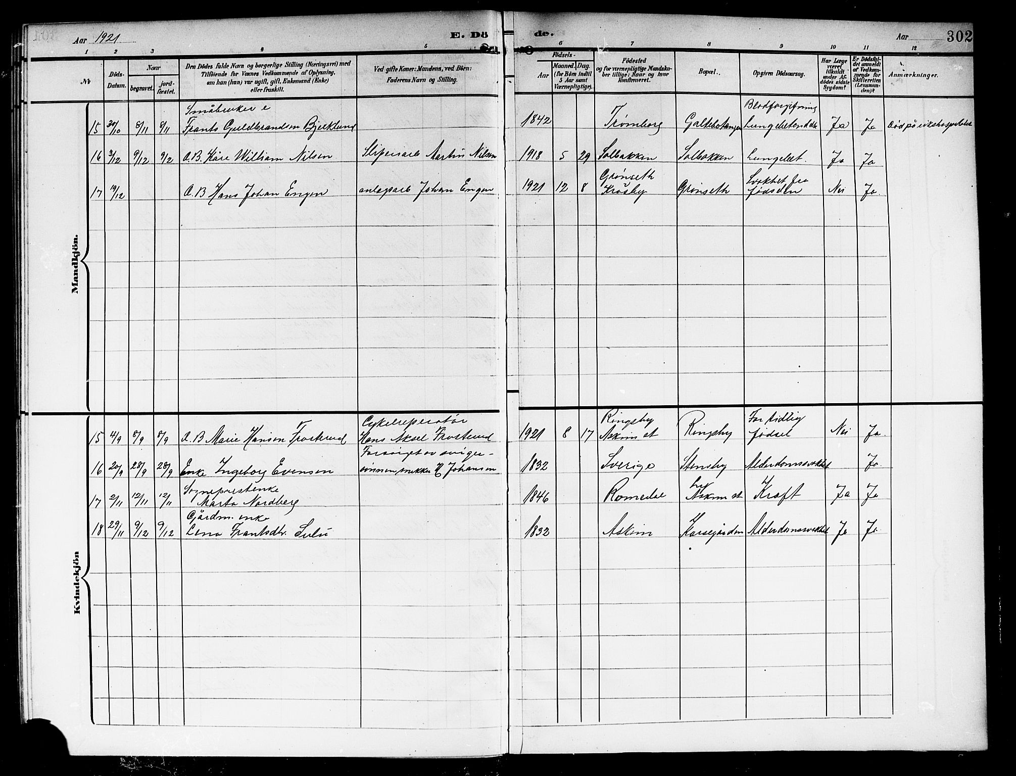Askim prestekontor Kirkebøker, AV/SAO-A-10900/G/Ga/L0002: Klokkerbok nr. 2, 1903-1921, s. 302