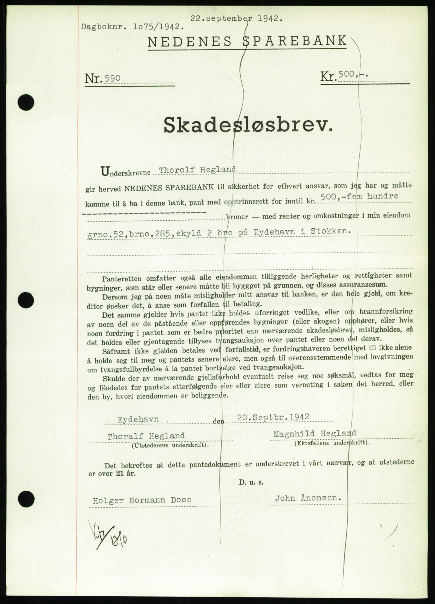 Nedenes sorenskriveri, SAK/1221-0006/G/Gb/Gbb/L0002: Pantebok nr. II, 1942-1945, Dagboknr: 1075/1942