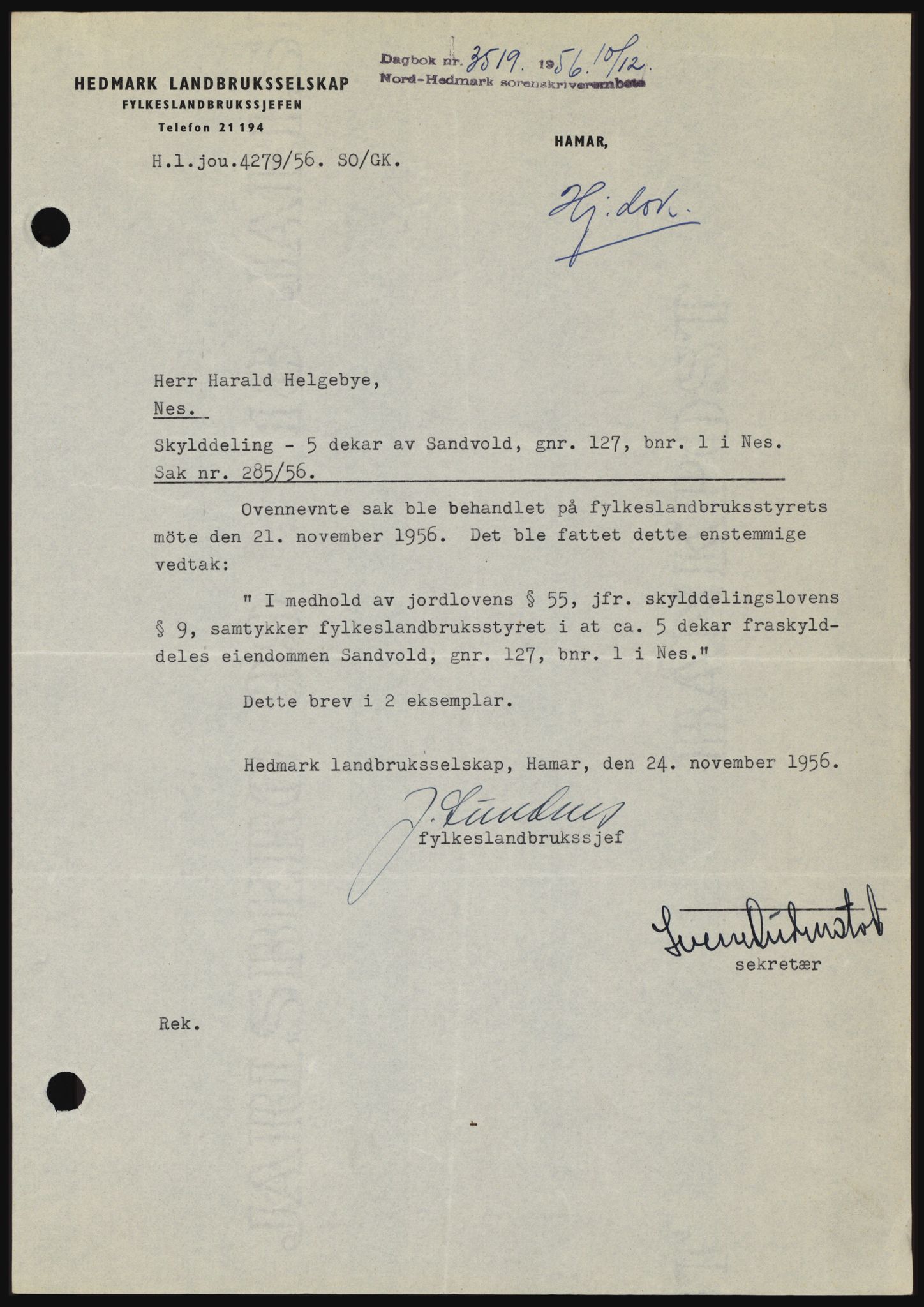 Nord-Hedmark sorenskriveri, SAH/TING-012/H/Hc/L0011: Pantebok nr. 11, 1956-1957, Dagboknr: 3519/1956