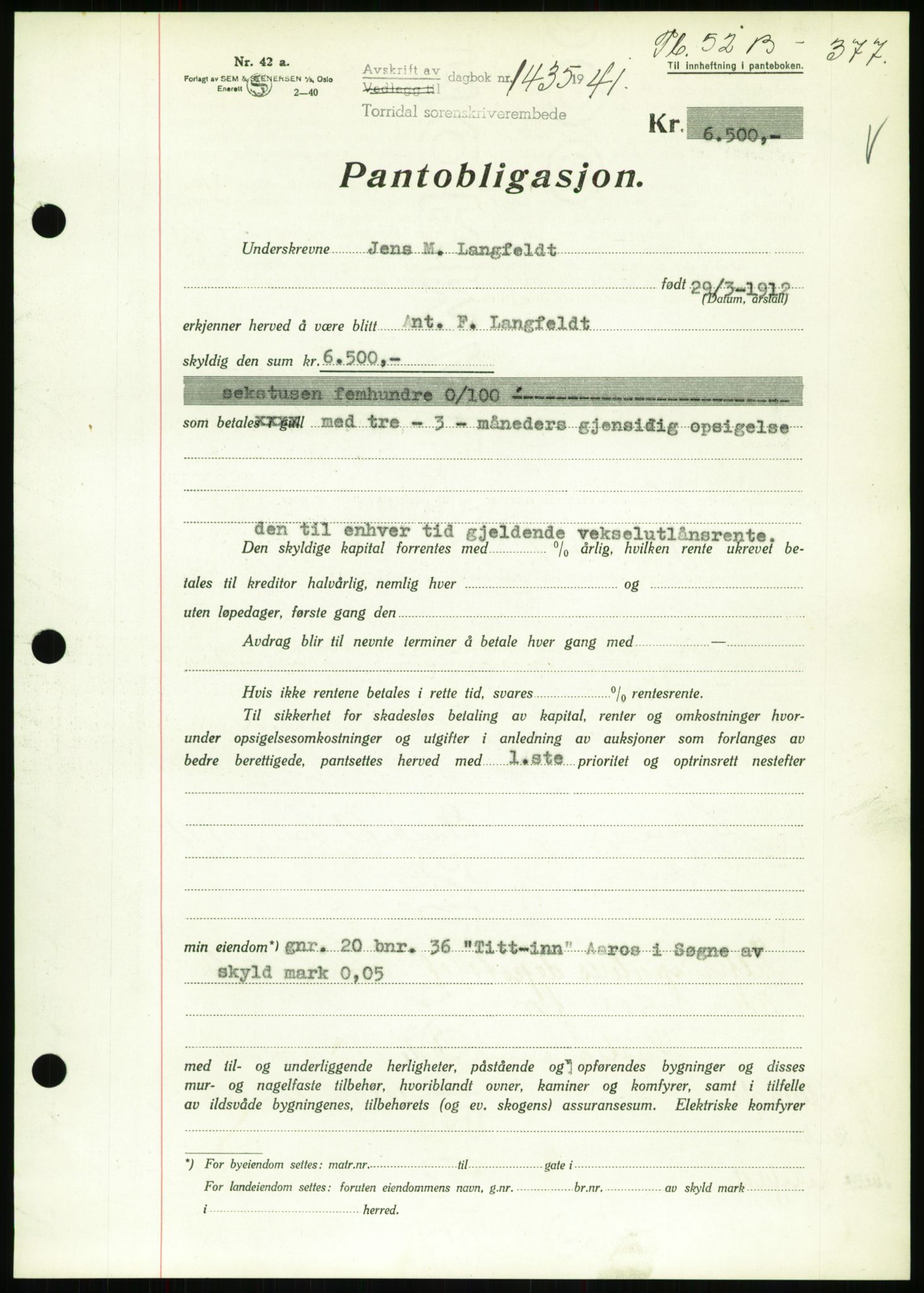 Torridal sorenskriveri, SAK/1221-0012/G/Gb/Gbb/L0008: Pantebok nr. 52b, 1940-1942, Dagboknr: 1435/1941