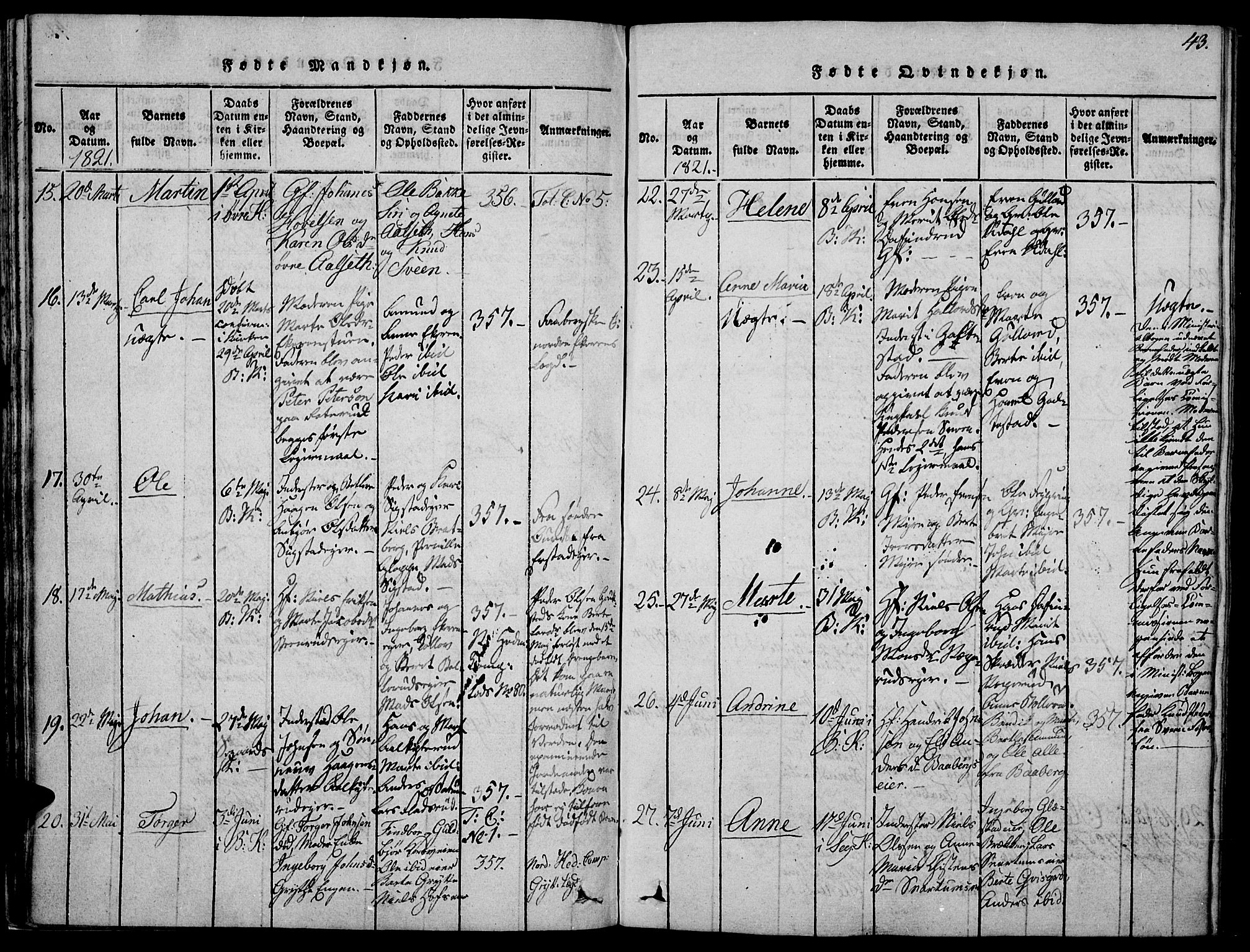Biri prestekontor, AV/SAH-PREST-096/H/Ha/Haa/L0003: Ministerialbok nr. 3, 1814-1828, s. 43