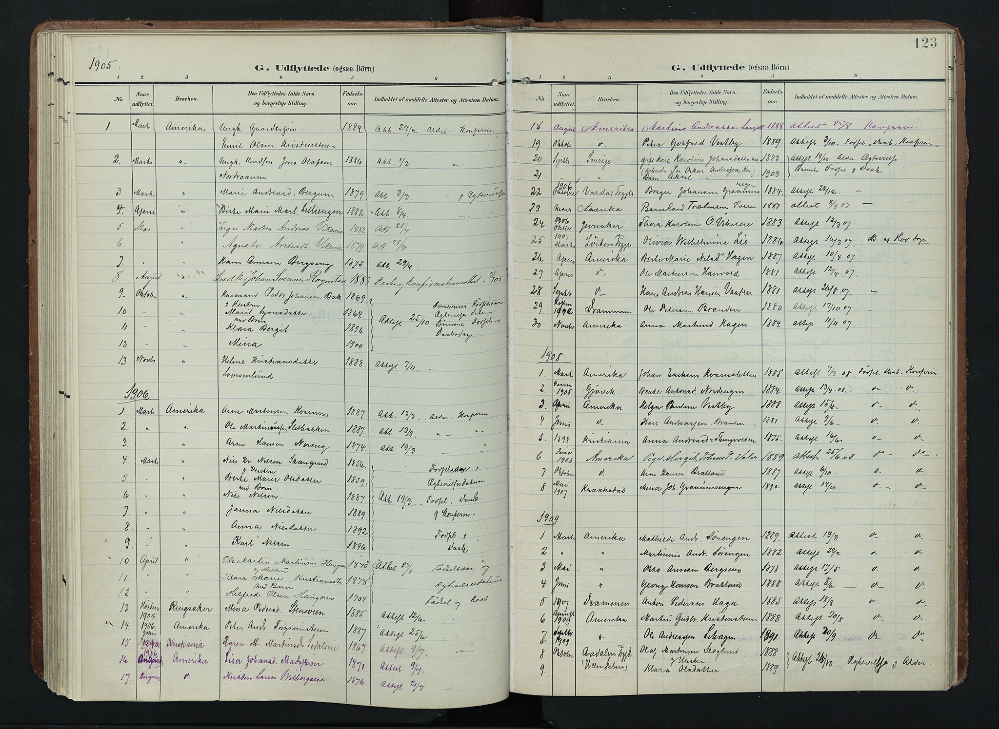 Søndre Land prestekontor, AV/SAH-PREST-122/K/L0005: Ministerialbok nr. 5, 1905-1914, s. 123