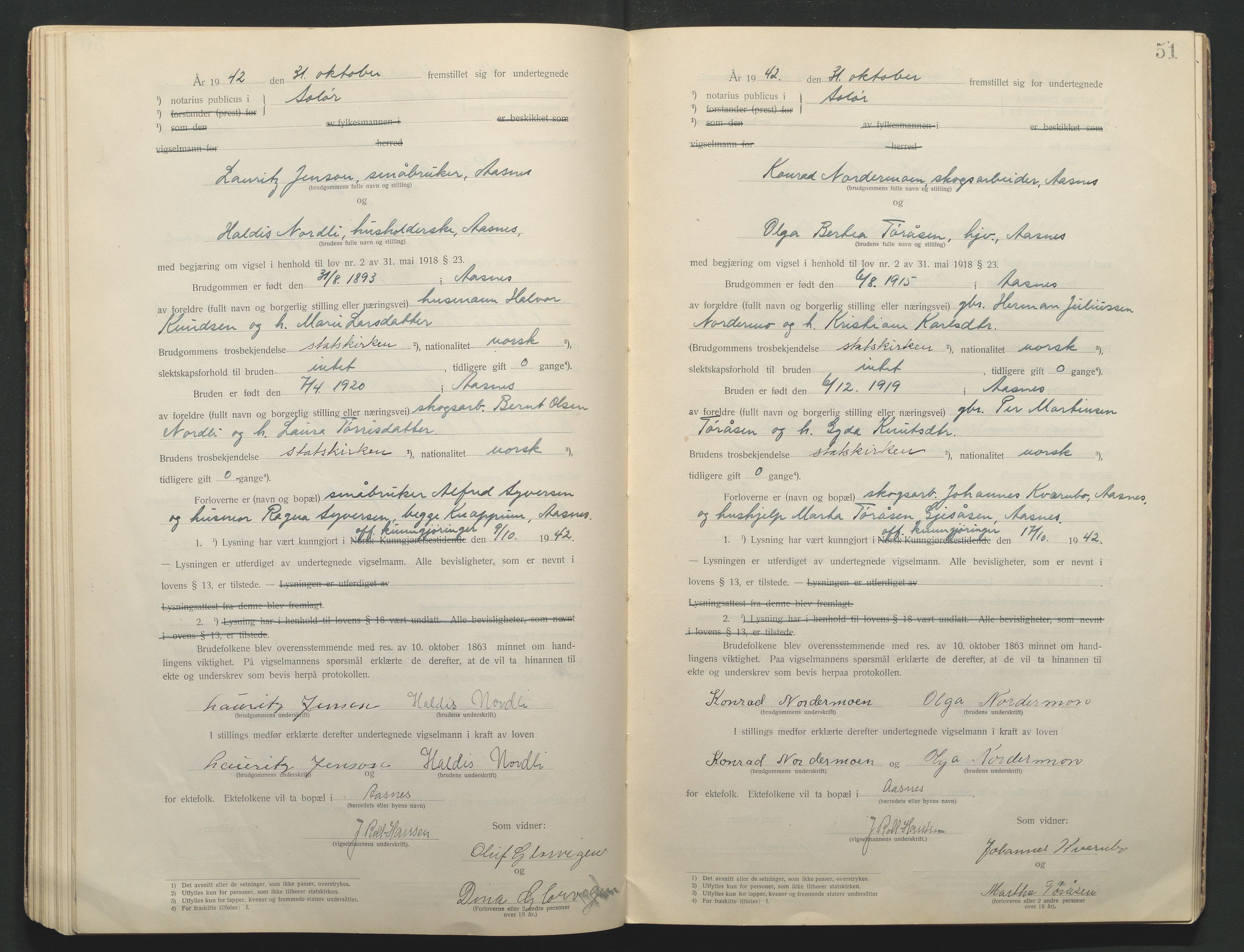 Solør tingrett, AV/SAH-TING-008/L/Lb/L0001: Vigselprotokoll, 1920-1943, s. 51