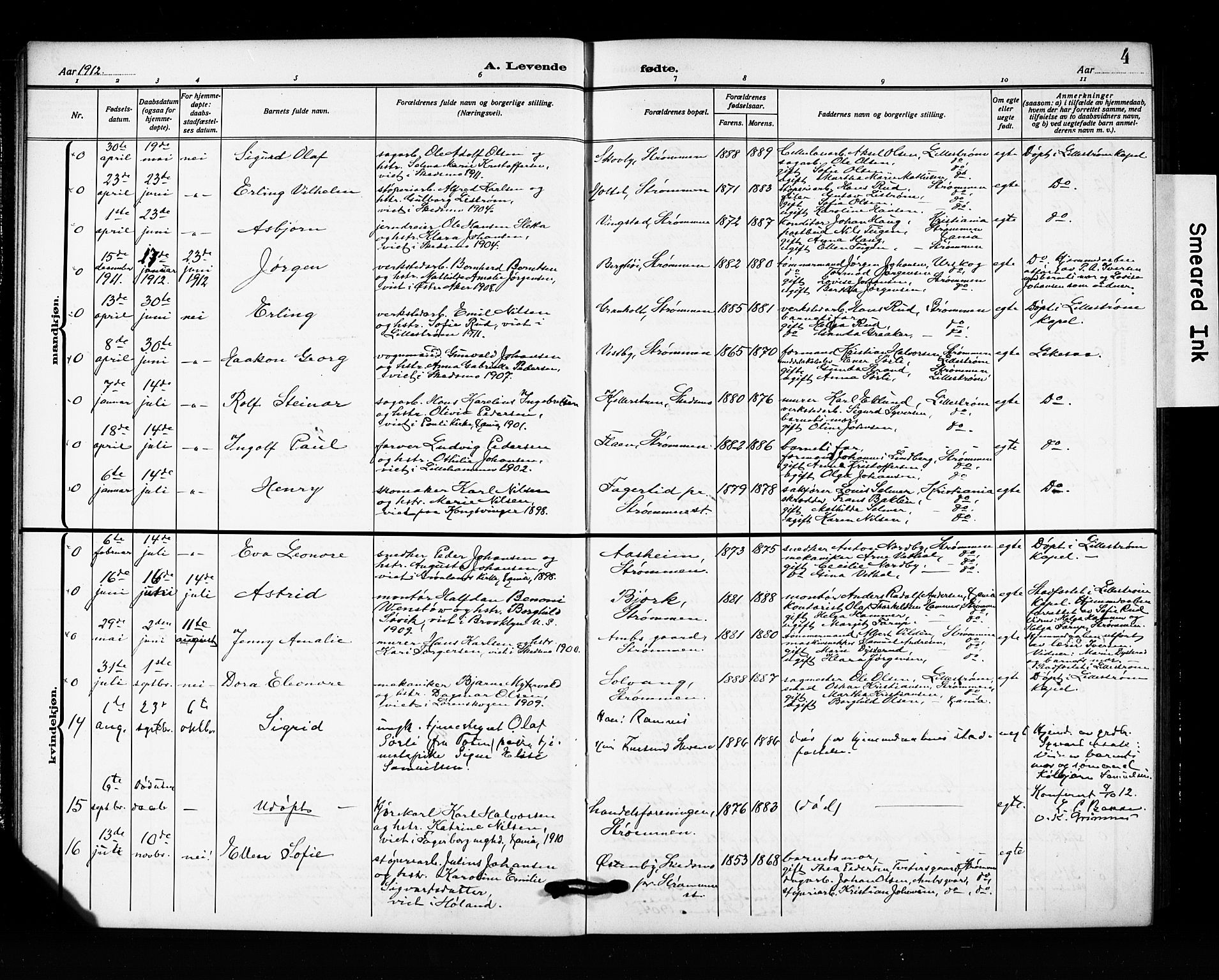 Skedsmo prestekontor Kirkebøker, AV/SAO-A-10033a/G/Ga/L0006: Klokkerbok nr. I 6, 1912-1926, s. 4