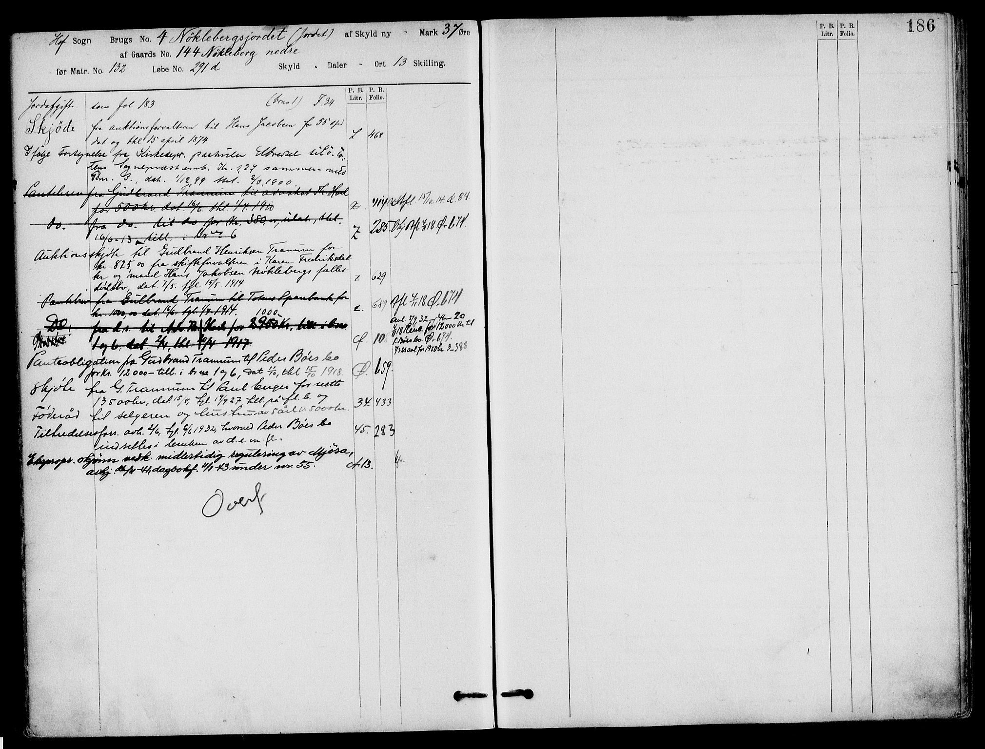 Toten tingrett, SAH/TING-006/H/Ha/Haa/L0032: Panteregister nr. 32, 1908, s. 186