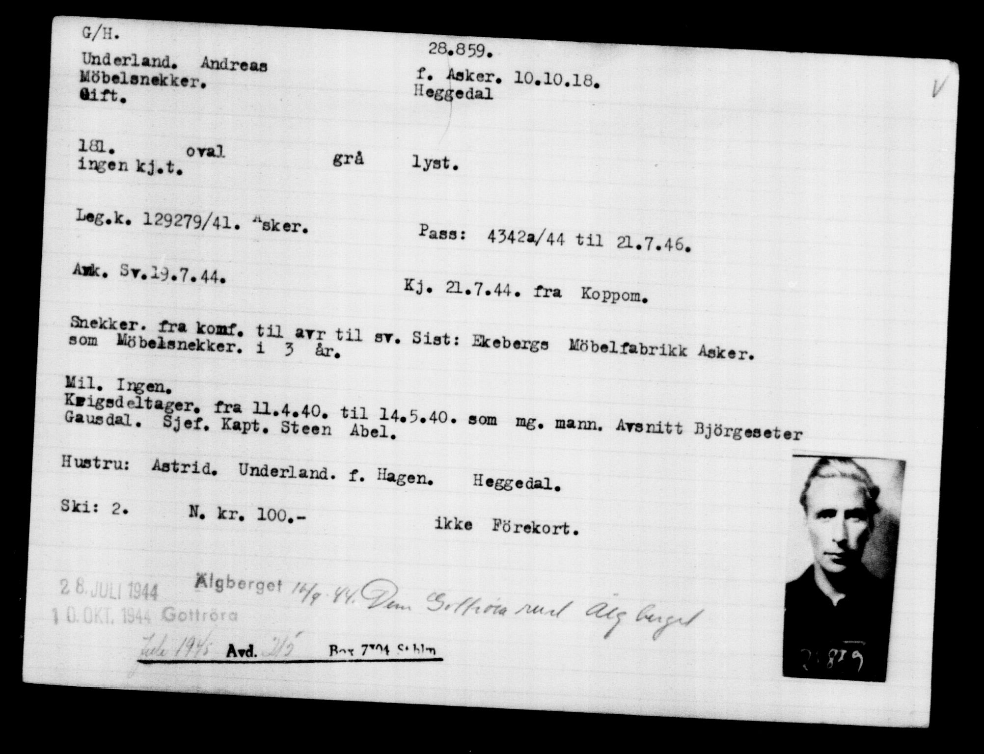 Utenriksstasjonene, Legasjonen i Stockholm, Flyktningkontoret, AV/RA-S-6753/V/Va/L0012: Kjesäterkartoteket, flyktninger med registreringsnr. 28300-31566, 1940-1945, s. 607