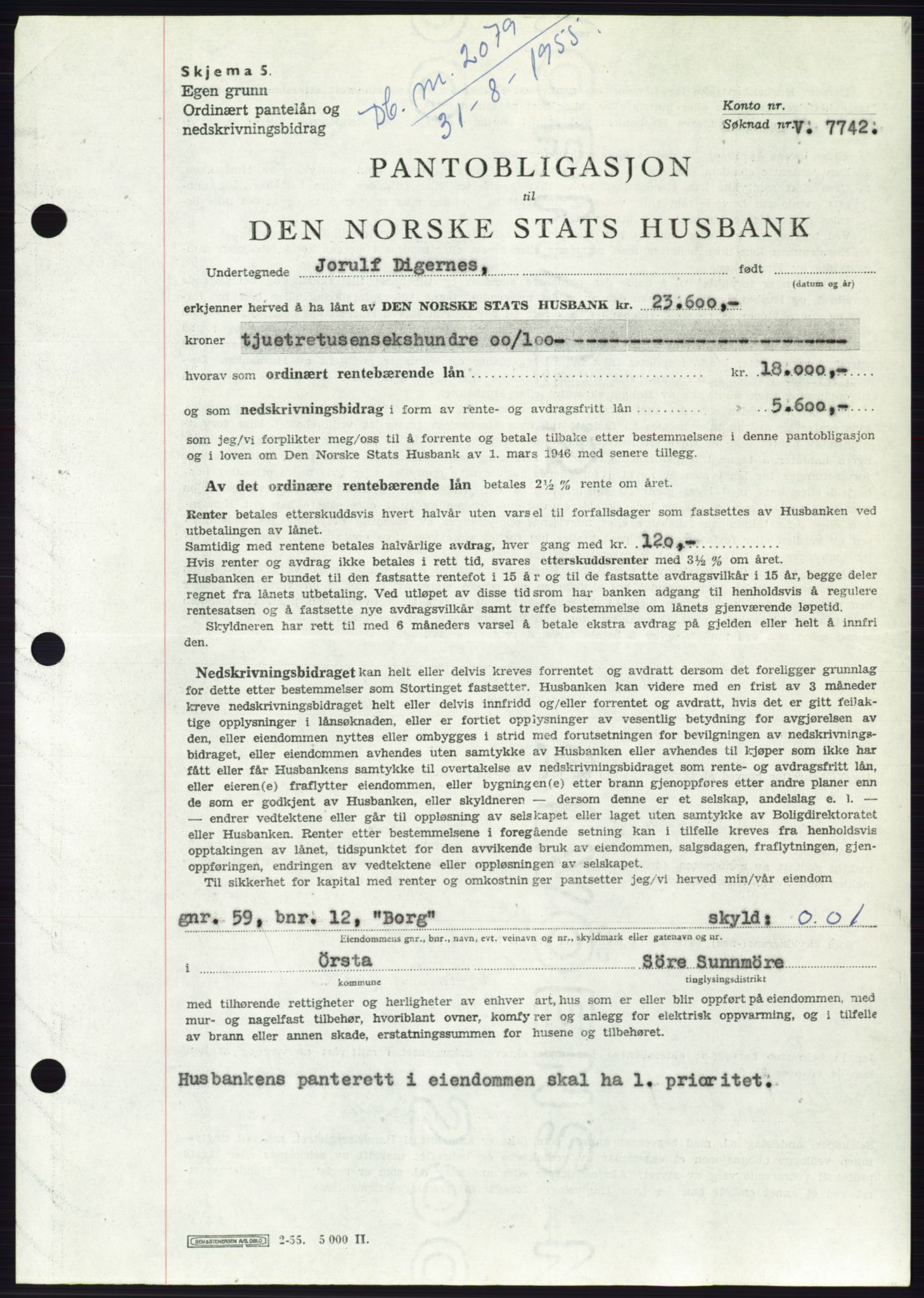 Søre Sunnmøre sorenskriveri, SAT/A-4122/1/2/2C/L0127: Pantebok nr. 15B, 1955-1955, Dagboknr: 2079/1955