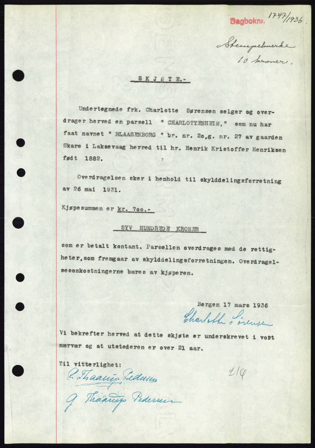 Midhordland sorenskriveri, SAB/A-3001/1/G/Gb/Gbk/L0001: Pantebok nr. A1-6, 1936-1937, Dagboknr: 1747/1936