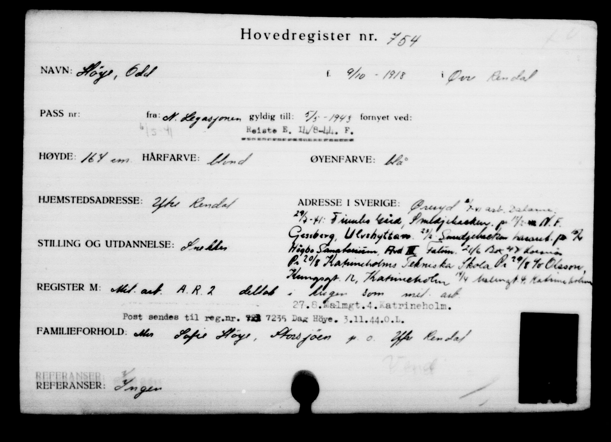 Utenriksstasjonene, Legasjonen i Stockholm, Flyktningkontoret, AV/RA-S-6753/V/Va/L0001: Kjesäterkartoteket, flyktninger med registreringsnr. 1-1000, 1940-1945, s. 1189