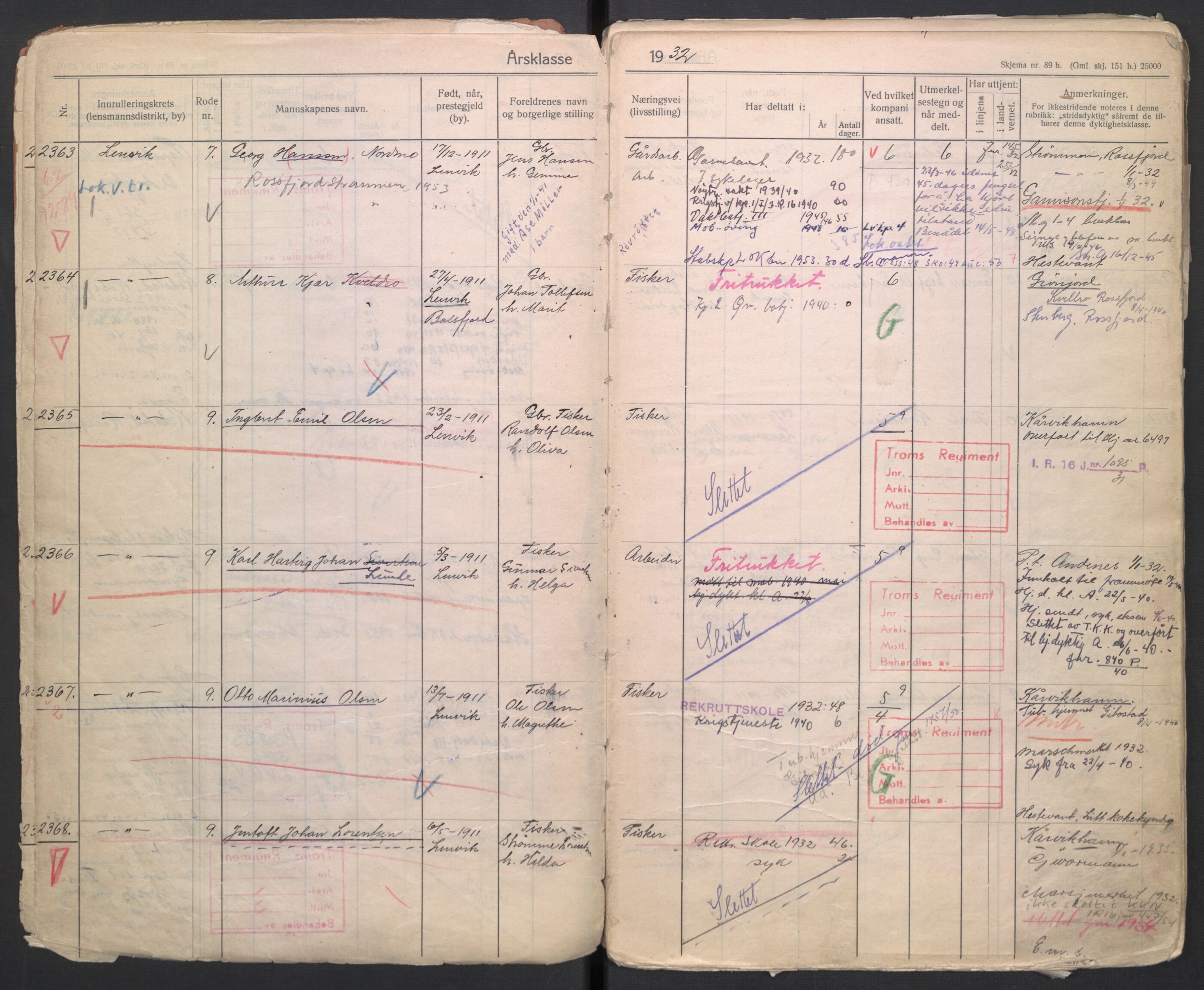 Forsvaret, Troms infanteriregiment nr. 16, AV/RA-RAFA-3146/P/Pa/L0006/0003: Ruller / Rulle for Lyngen bataljons menige mannskaper, årsklasse 1932, 1932