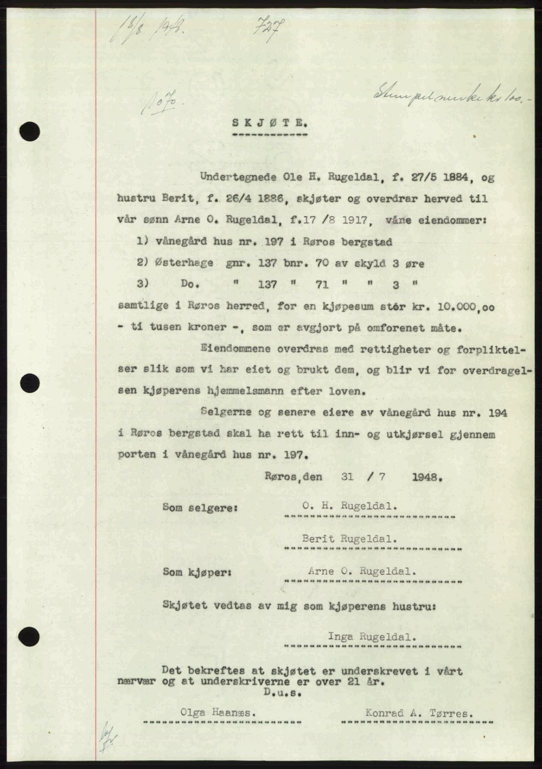 Gauldal sorenskriveri, SAT/A-0014/1/2/2C: Pantebok nr. A6, 1948-1948, Dagboknr: 1070/1948