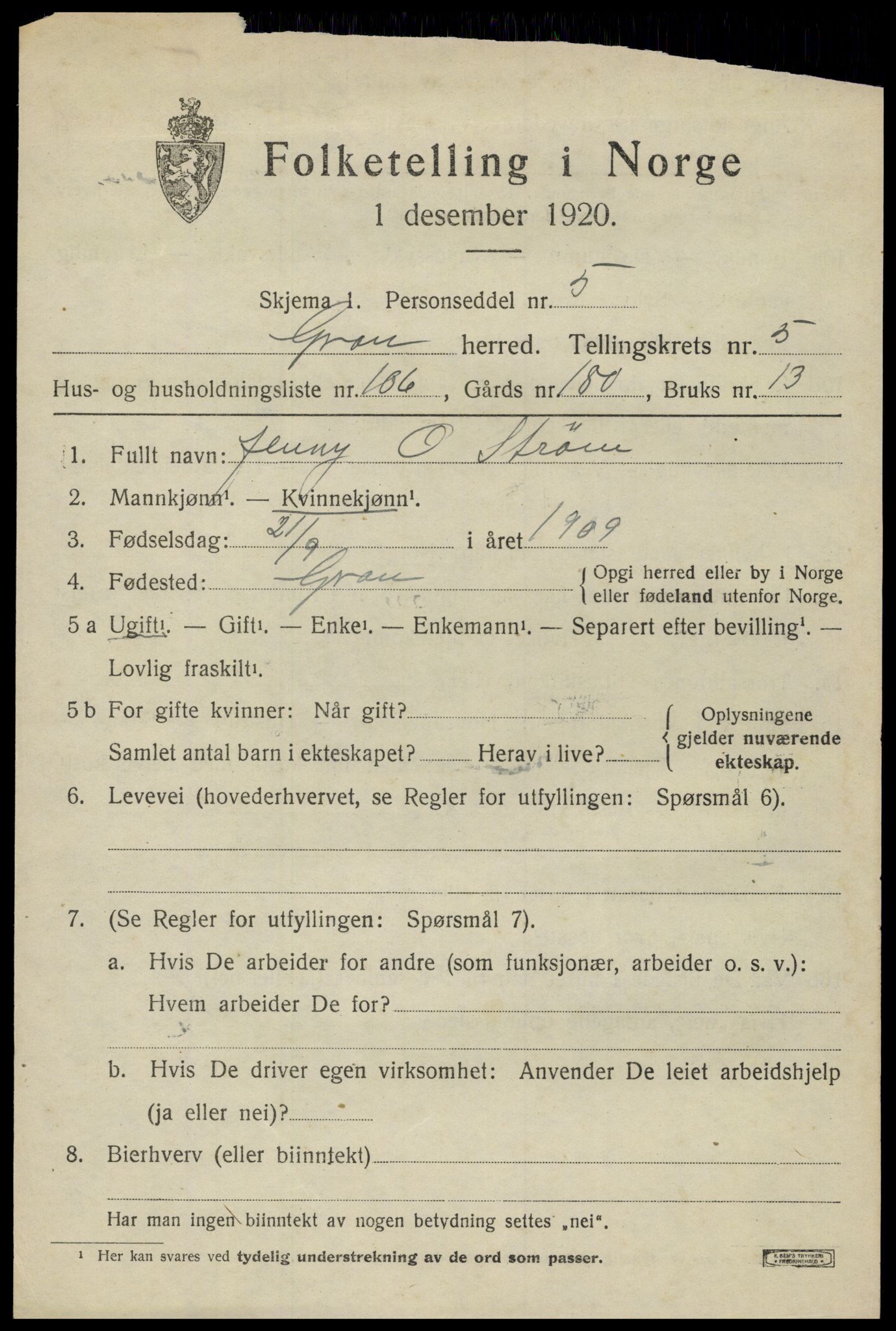 SAH, Folketelling 1920 for 0534 Gran herred, 1920, s. 8251