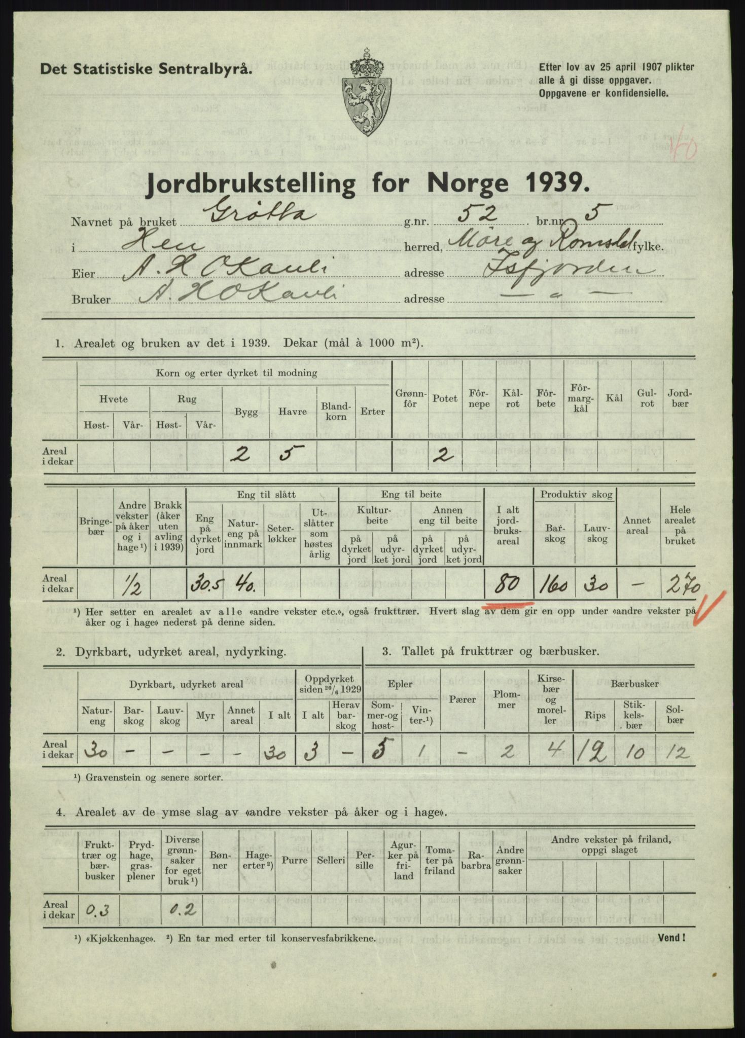 Statistisk sentralbyrå, Næringsøkonomiske emner, Jordbruk, skogbruk, jakt, fiske og fangst, AV/RA-S-2234/G/Gb/L0251: Møre og Romsdal: Voll, Eid, Grytten og Hen, 1939, s. 1375