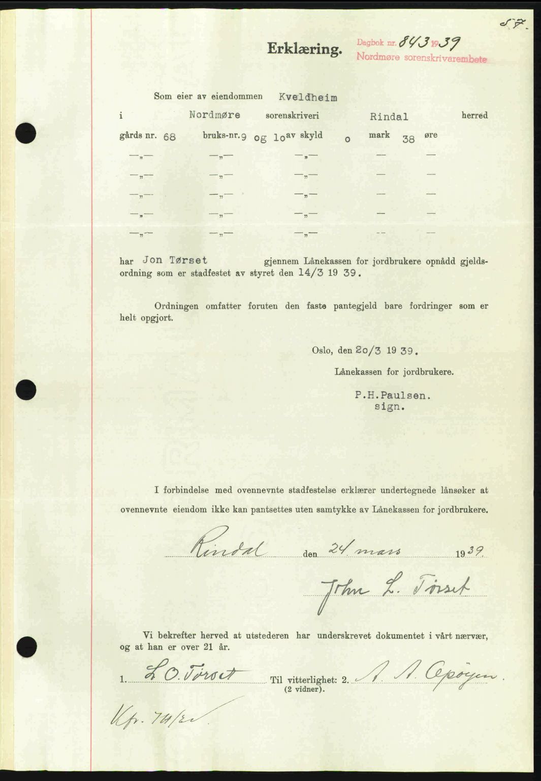 Nordmøre sorenskriveri, SAT/A-4132/1/2/2Ca: Pantebok nr. B85, 1939-1939, Dagboknr: 843/1939