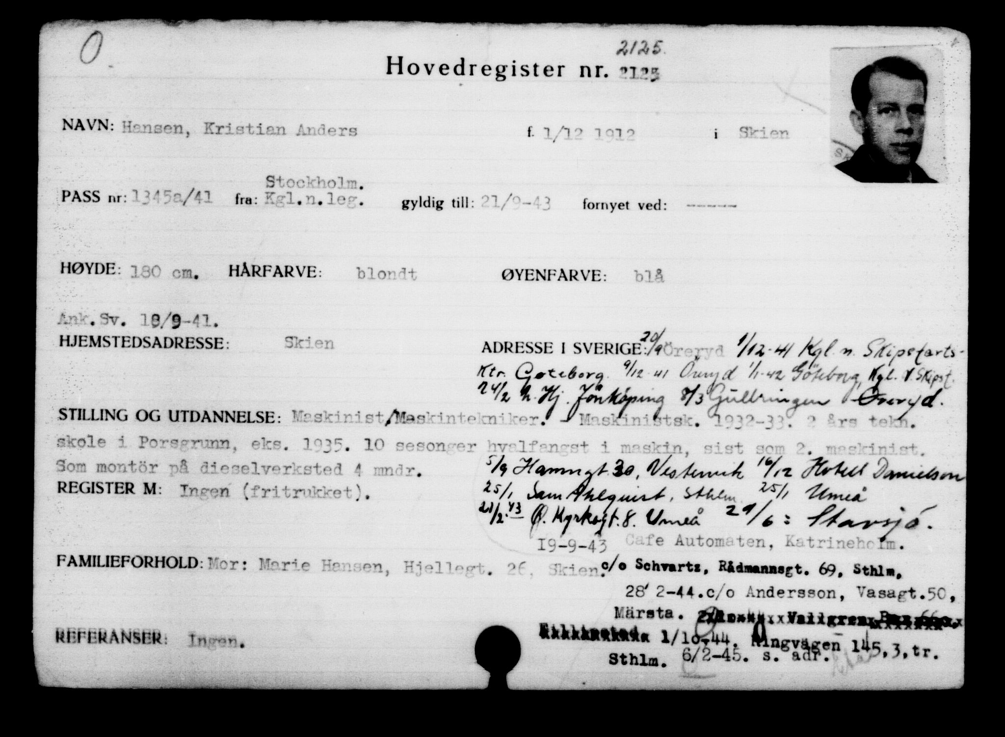 Utenriksstasjonene, Legasjonen i Stockholm, Flyktningkontoret, AV/RA-S-6753/V/Va/L0003: Kjesäterkartoteket, flyktninger med registreringsnr. 2001-3495, 1940-1945, s. 173