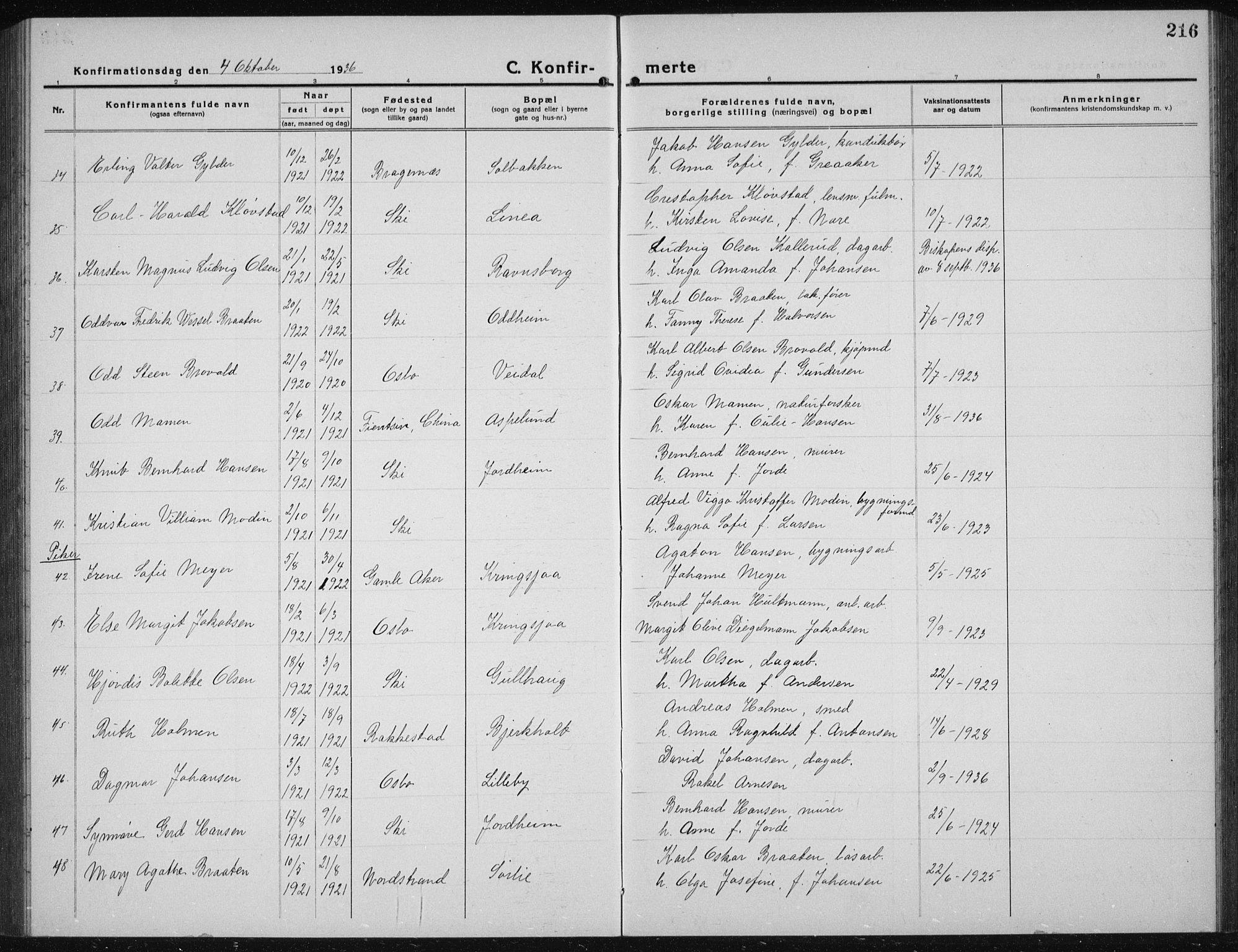 Kråkstad prestekontor Kirkebøker, AV/SAO-A-10125a/G/Gb/L0002: Klokkerbok nr. II 2, 1921-1941, s. 216