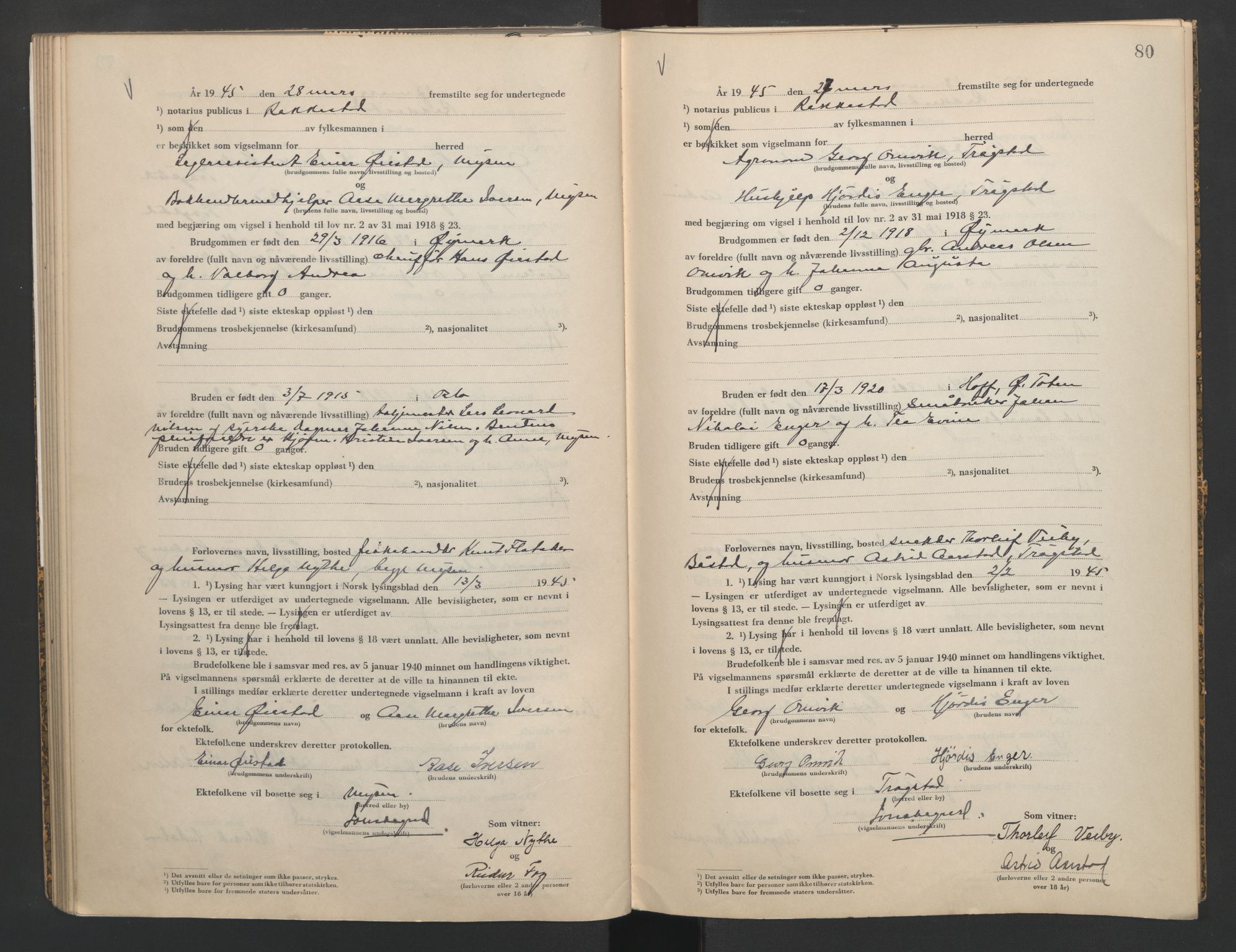 Rakkestad sorenskriveri, SAO/A-10686/L/Lc/Lca/L0004: Vigselbøker, 1944-1945, s. 80