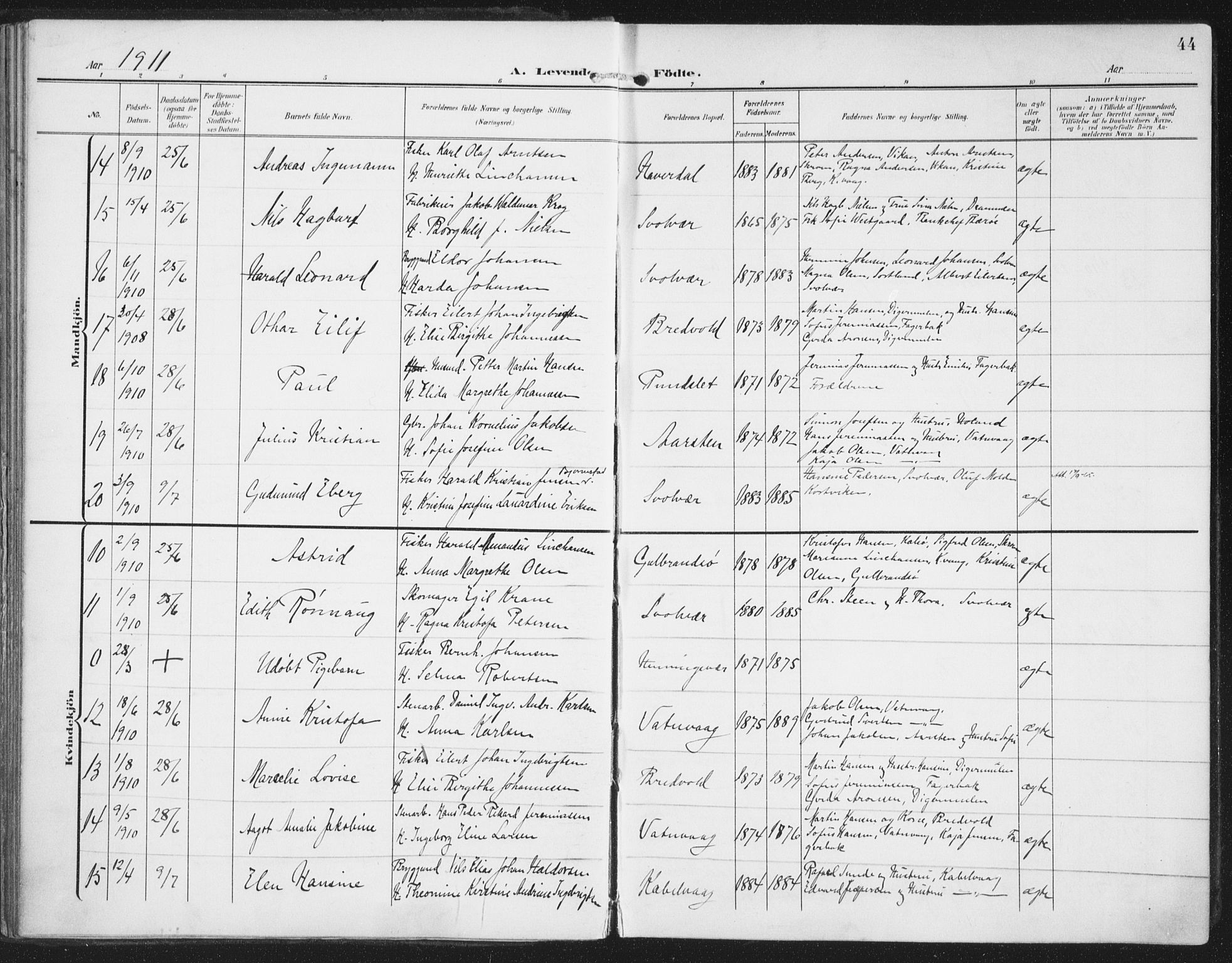 Ministerialprotokoller, klokkerbøker og fødselsregistre - Nordland, AV/SAT-A-1459/874/L1063: Ministerialbok nr. 874A07, 1907-1915, s. 44