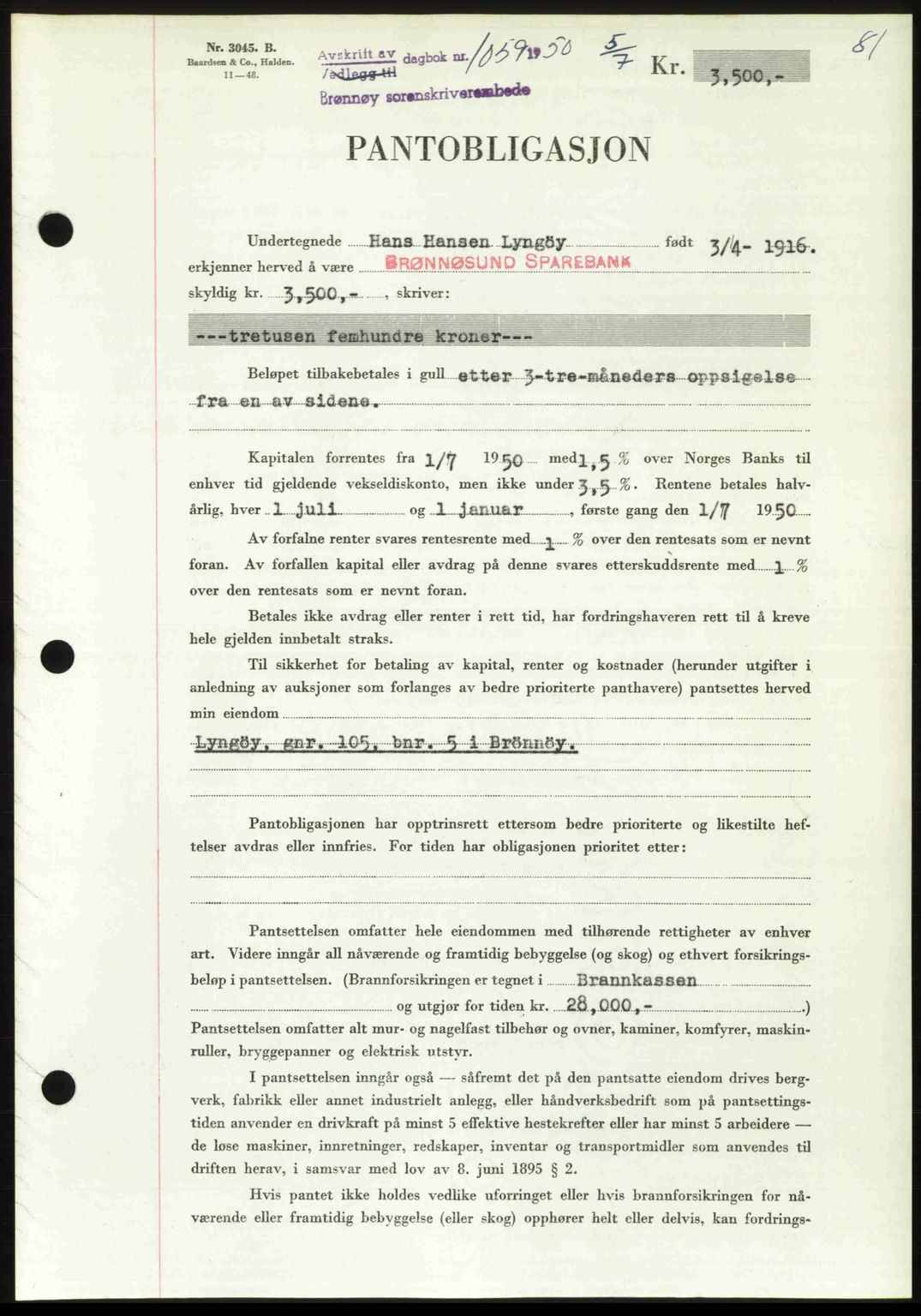 Brønnøy sorenskriveri, SAT/A-4170/1/2/2C: Pantebok nr. 36, 1950-1950, Dagboknr: 1059/1950