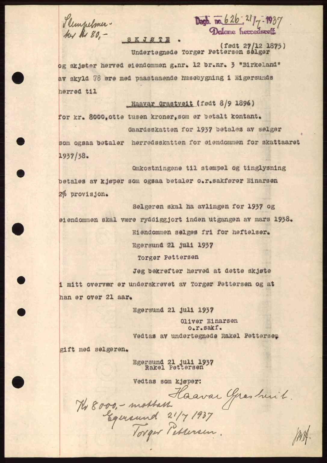 Dalane sorenskriveri, SAST/A-100309/02/G/Gb/L0041: Pantebok nr. A2, 1936-1937, Dagboknr: 626/1937
