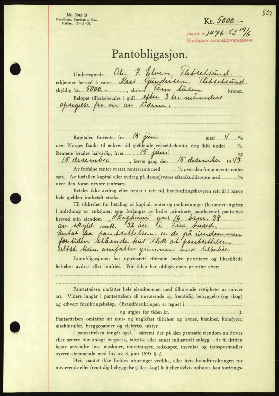 Nordmøre sorenskriveri, SAT/A-4132/1/2/2Ca: Pantebok nr. B90, 1942-1943, Dagboknr: 1476/1943