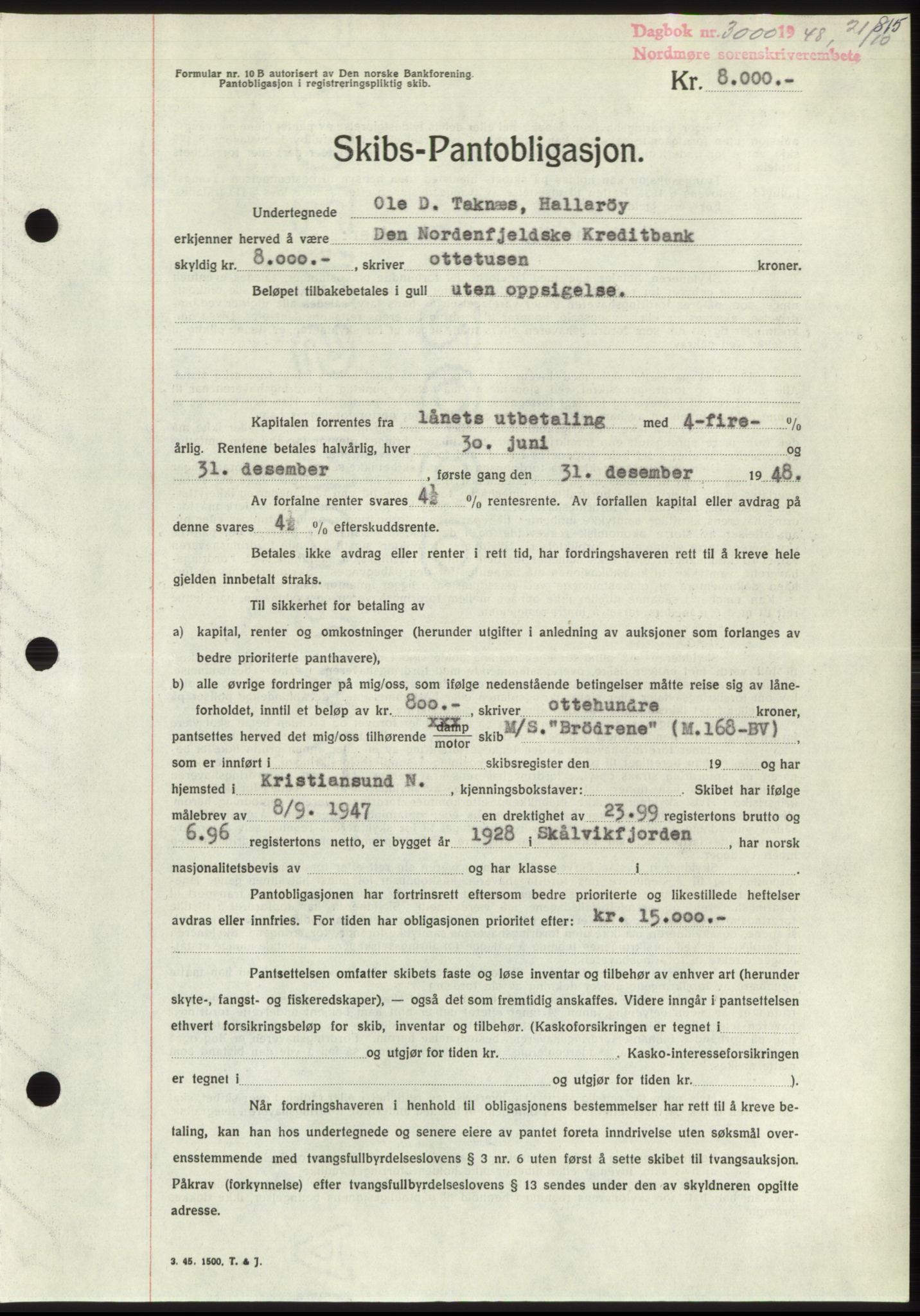 Nordmøre sorenskriveri, SAT/A-4132/1/2/2Ca: Pantebok nr. B99, 1948-1948, Dagboknr: 3000/1948