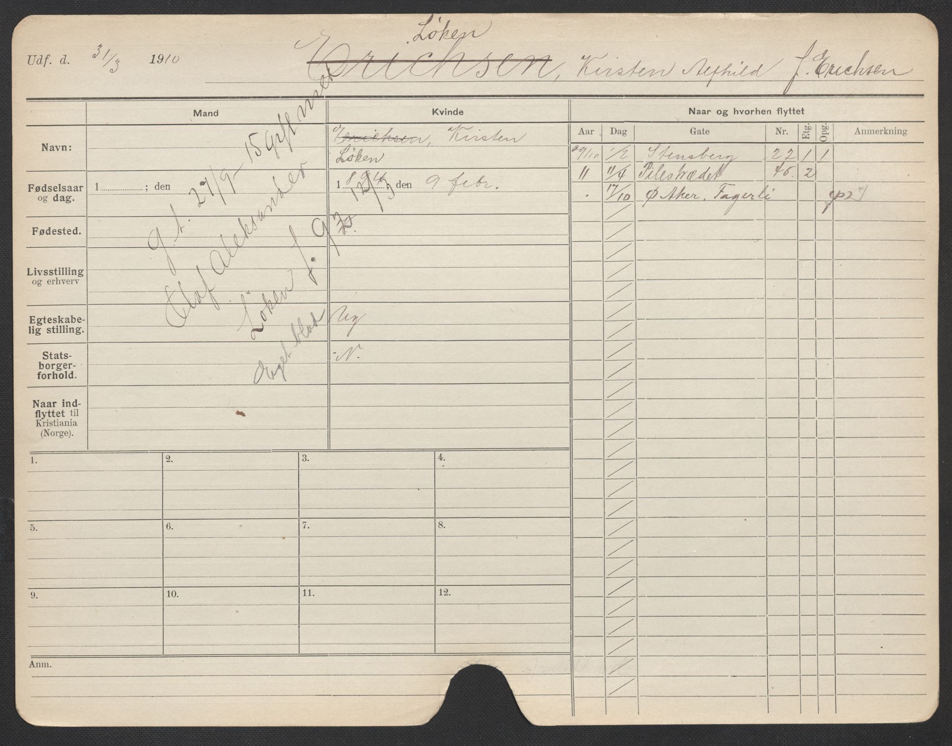 Oslo folkeregister, Registerkort, SAO/A-11715/F/Fa/Fac/L0020: Kvinner, 1906-1914, s. 401a