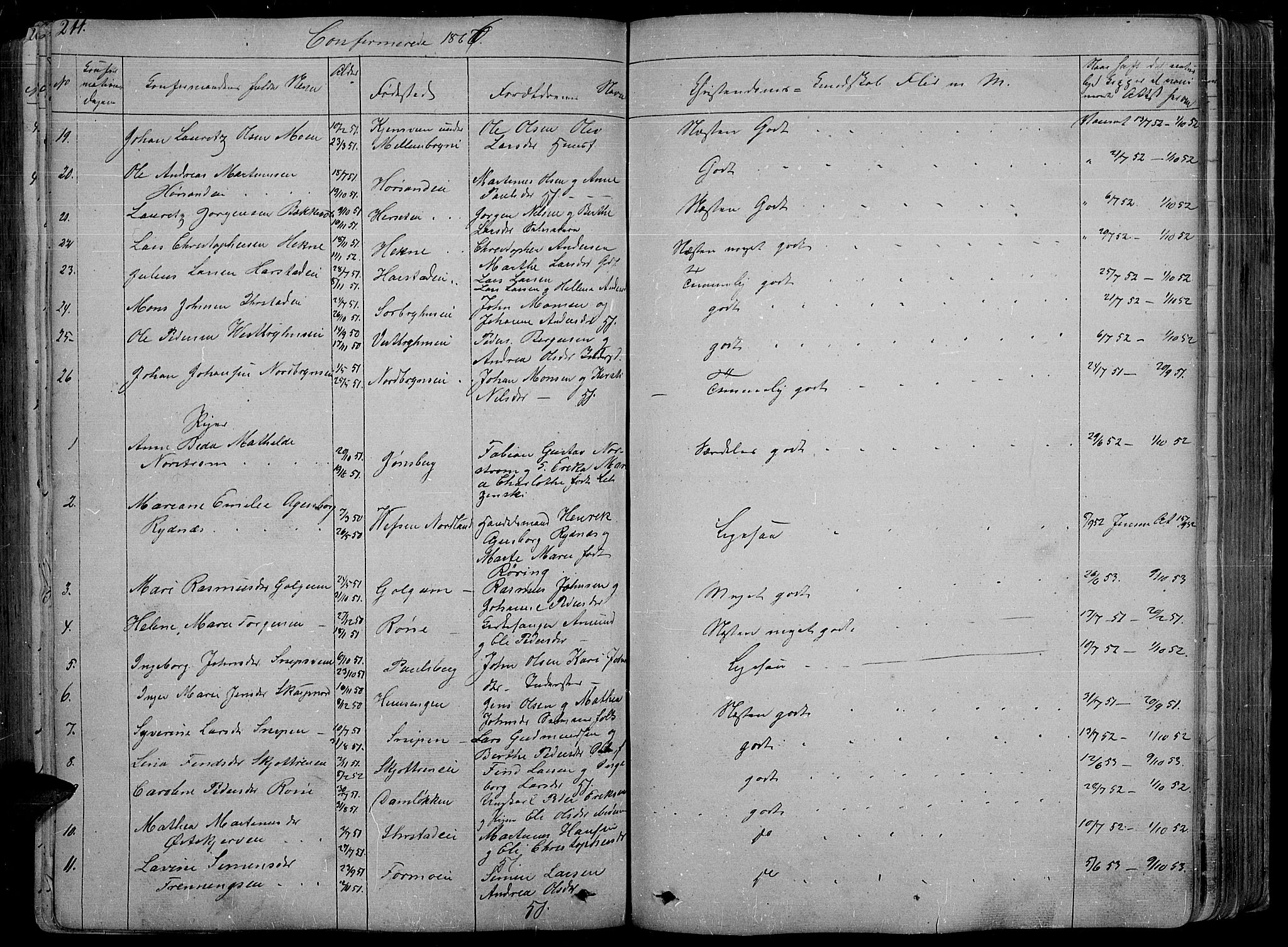 Romedal prestekontor, AV/SAH-PREST-004/L/L0009: Klokkerbok nr. 9, 1846-1866, s. 211