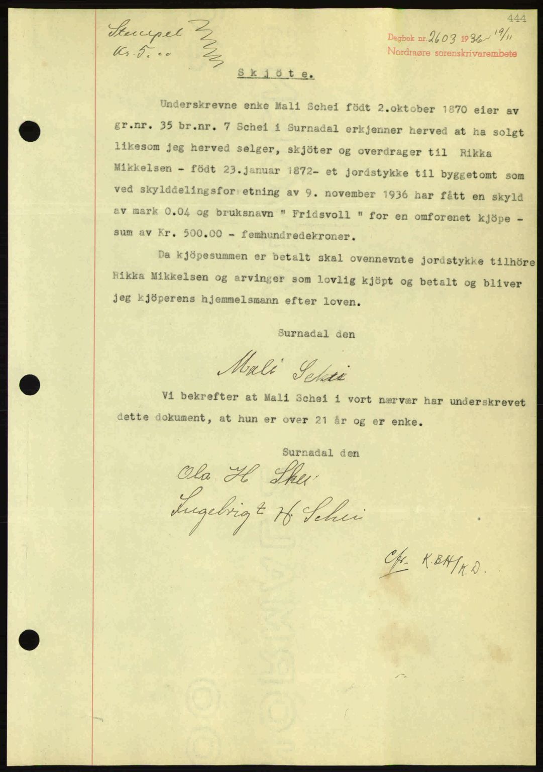 Nordmøre sorenskriveri, SAT/A-4132/1/2/2Ca: Pantebok nr. A80, 1936-1937, Dagboknr: 2603/1936