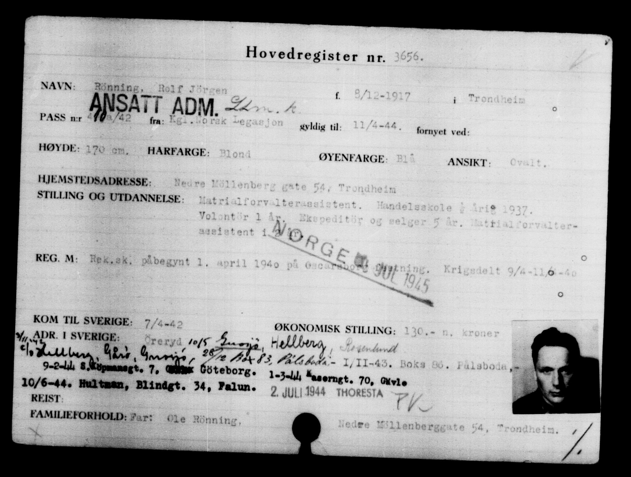 Utenriksstasjonene, Legasjonen i Stockholm, Flyktningkontoret, AV/RA-S-6753/V/Va/L0004: Kjesäterkartoteket, flyktninger med registreringsnr. 3496-6610, 1940-1945, s. 183