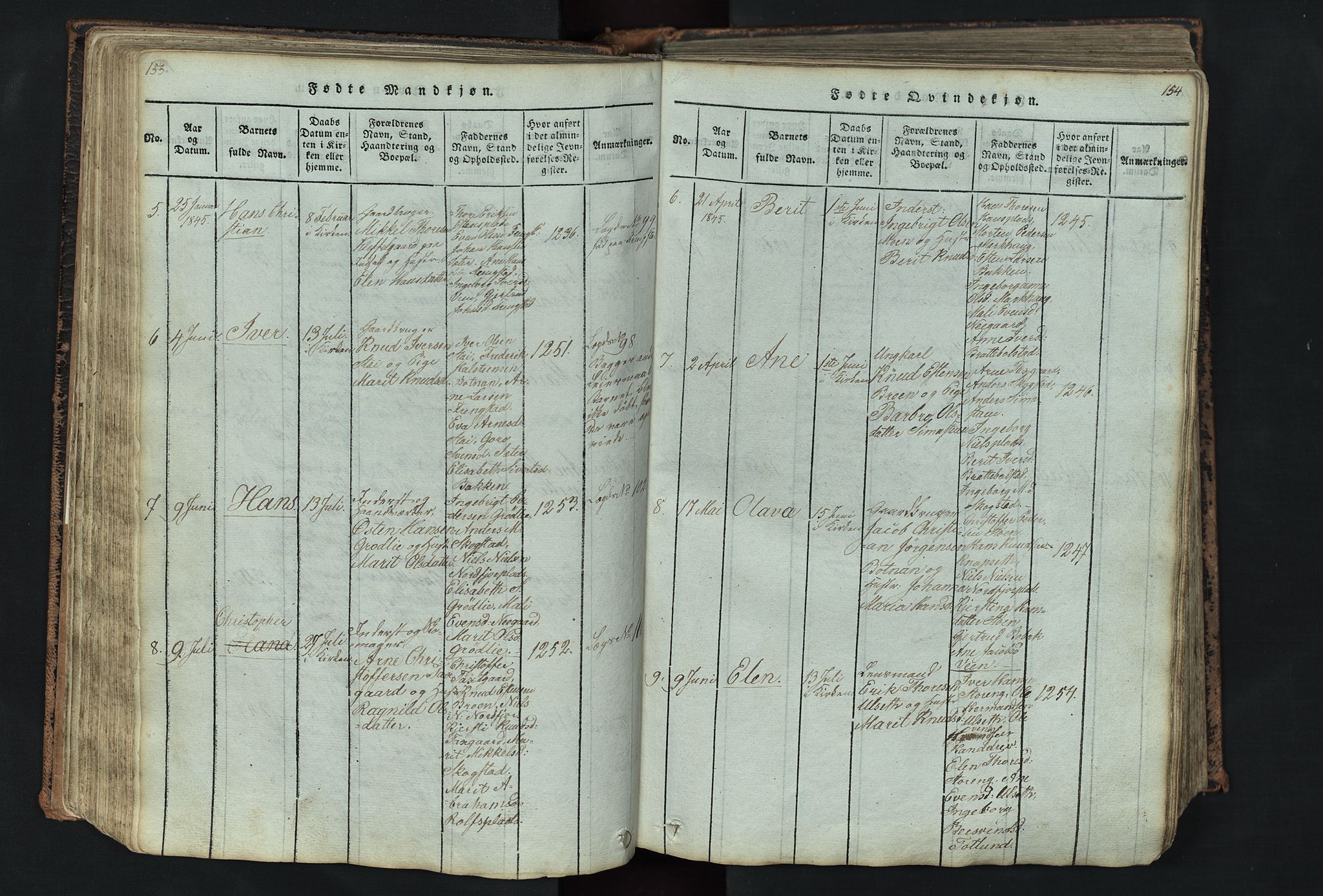 Kvikne prestekontor, AV/SAH-PREST-064/H/Ha/Hab/L0001: Klokkerbok nr. 1, 1815-1895, s. 153-154