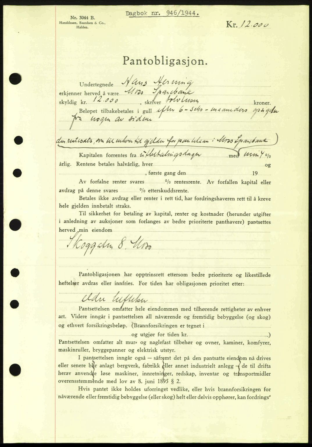 Moss sorenskriveri, SAO/A-10168: Pantebok nr. B13, 1943-1945, Dagboknr: 946/1944