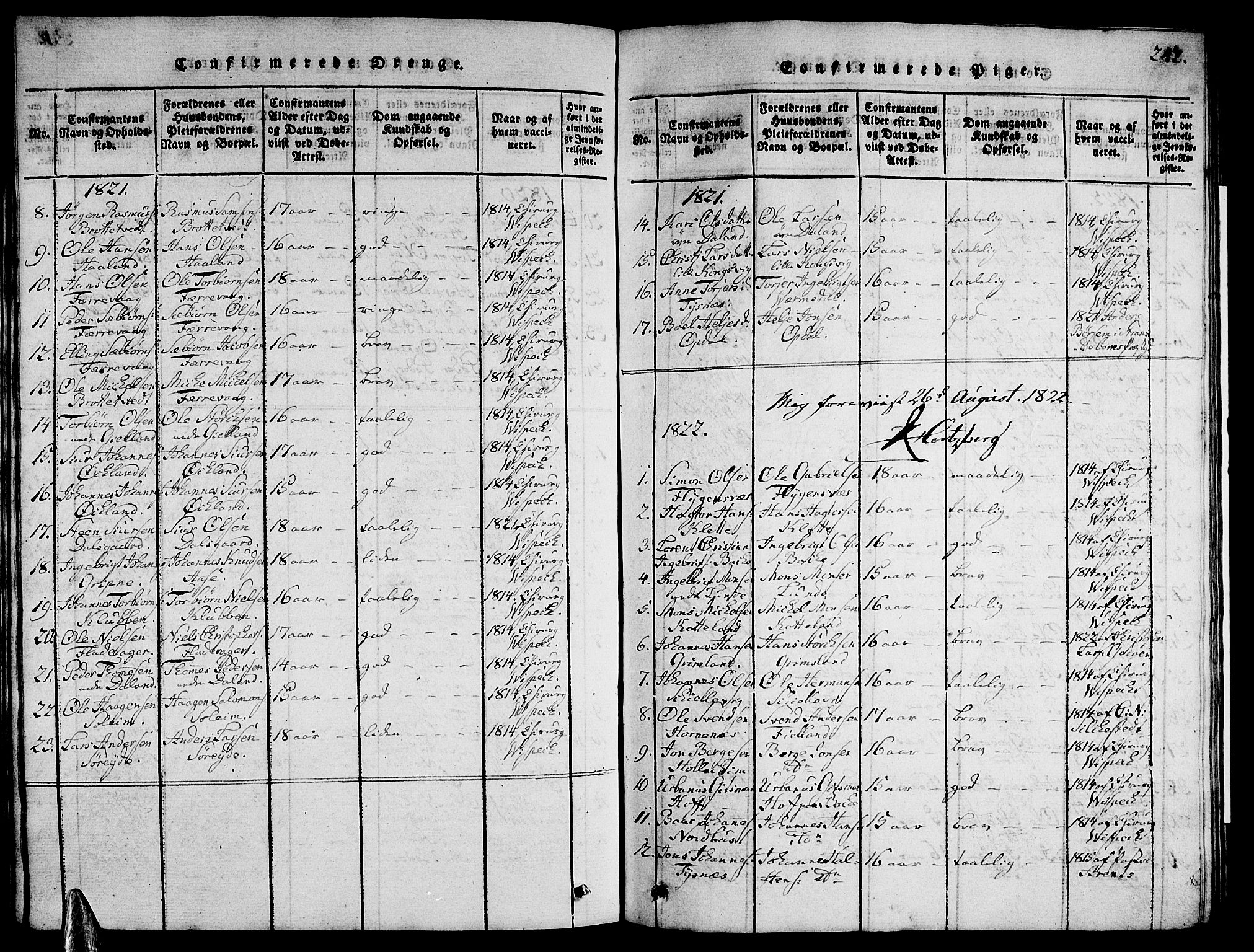 Tysnes sokneprestembete, AV/SAB-A-78601/H/Hab: Klokkerbok nr. A 1, 1816-1828, s. 242