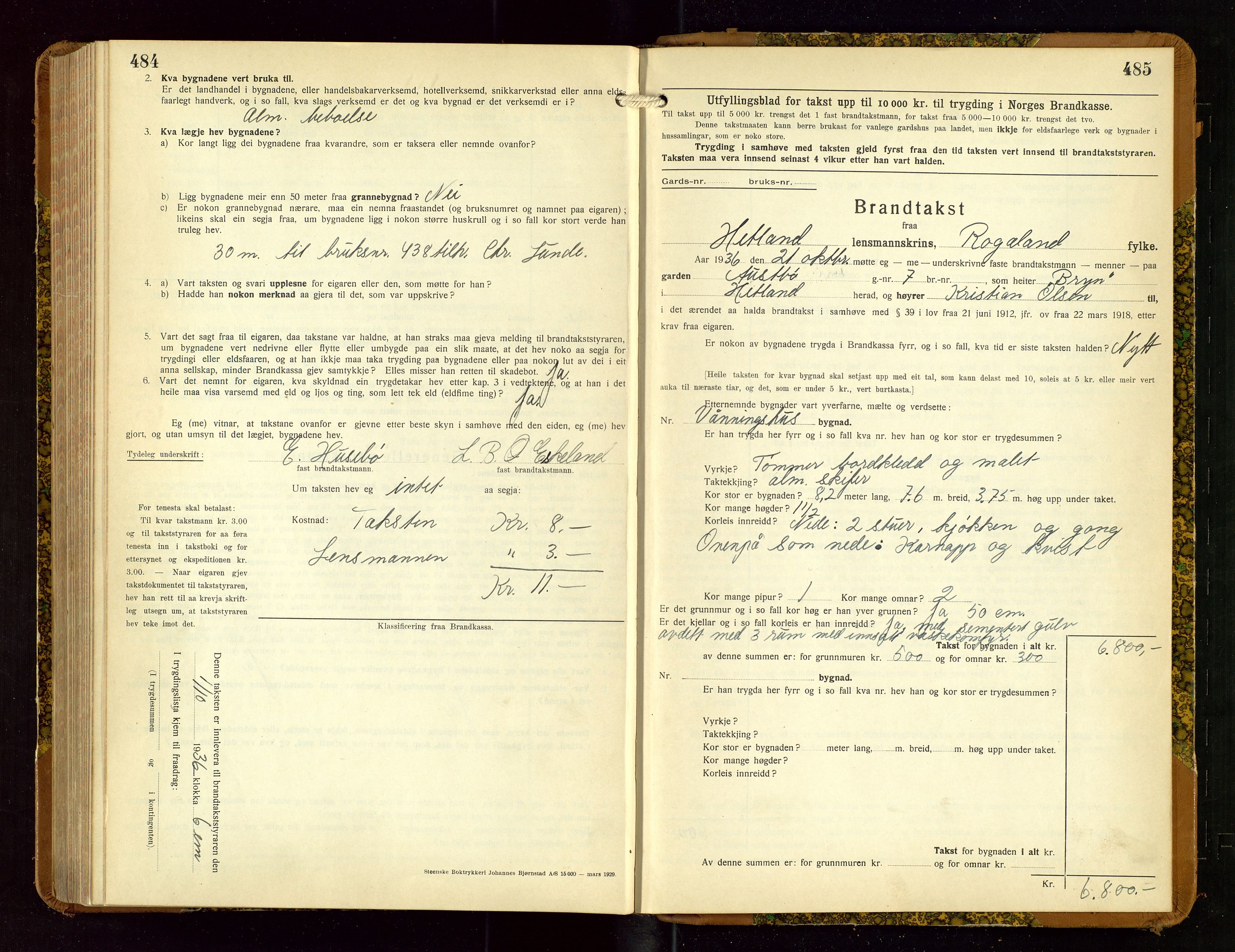 Hetland lensmannskontor, AV/SAST-A-100101/Gob/L0004: "Brandtakstbok", 1934-1936, s. 484-485