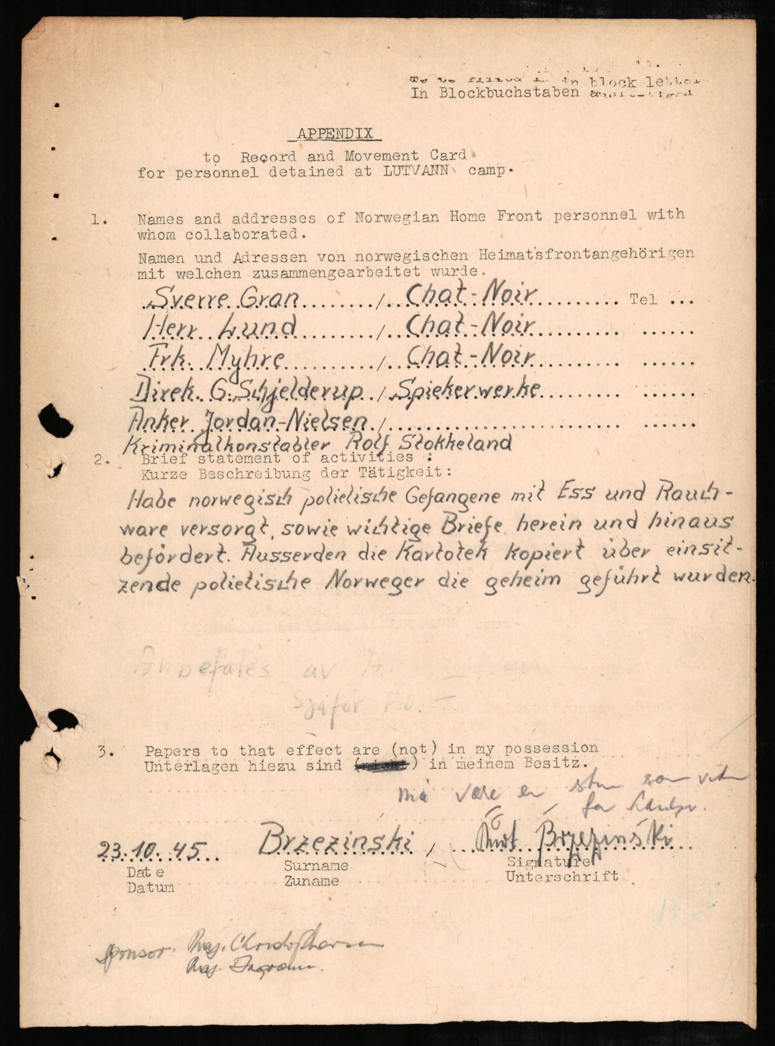 Forsvaret, Forsvarets overkommando II, AV/RA-RAFA-3915/D/Db/L0004: CI Questionaires. Tyske okkupasjonsstyrker i Norge. Tyskere., 1945-1946, s. 432