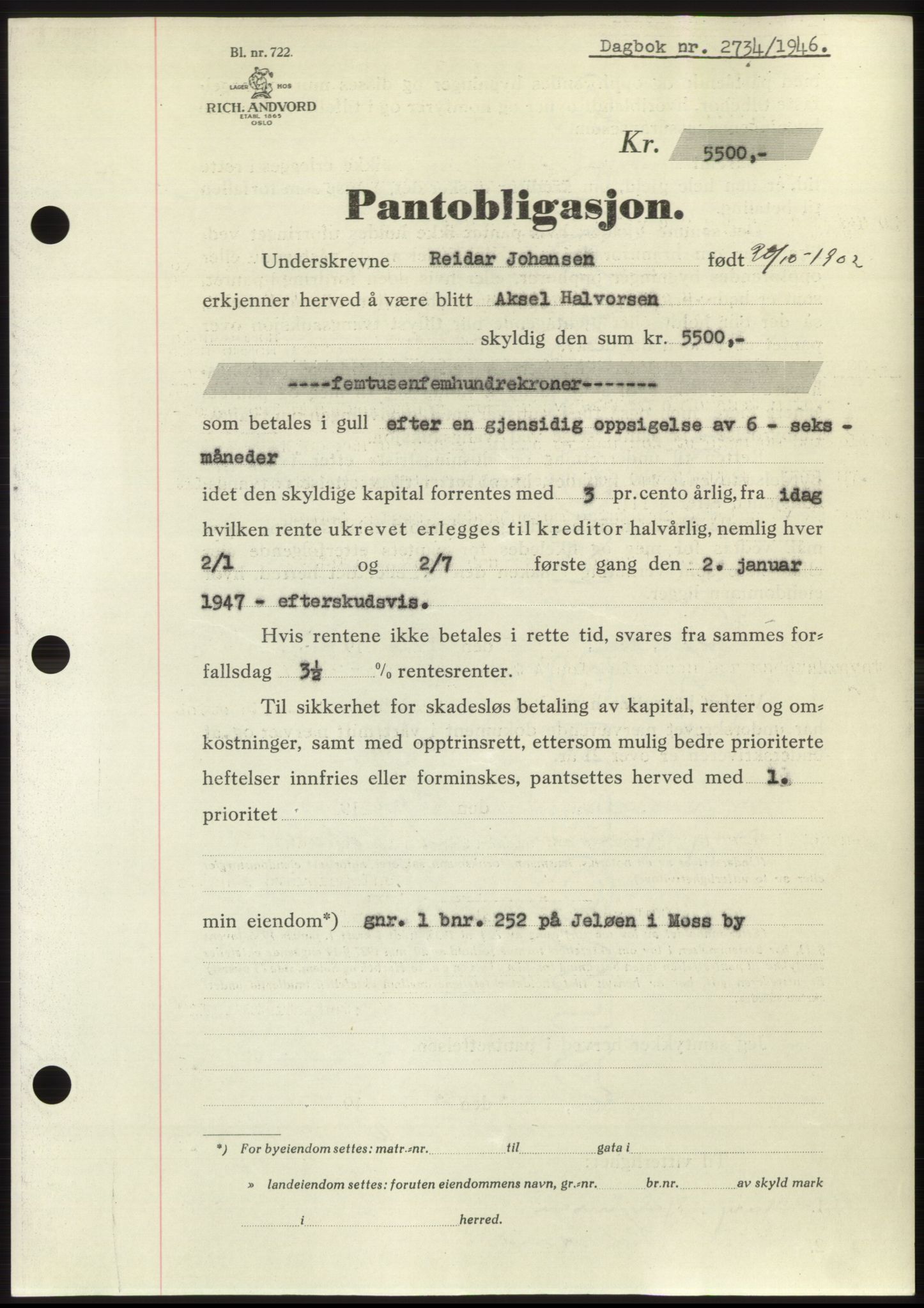 Moss sorenskriveri, SAO/A-10168: Pantebok nr. B16, 1946-1947, Dagboknr: 2734/1946