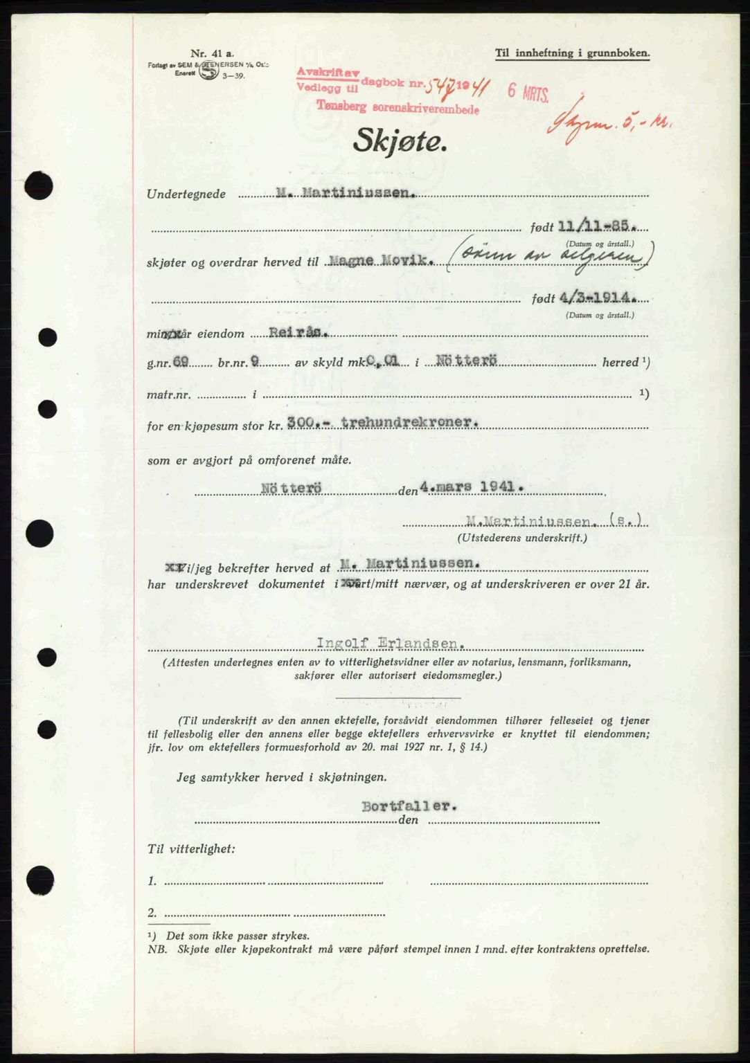 Tønsberg sorenskriveri, AV/SAKO-A-130/G/Ga/Gaa/L0009: Pantebok nr. A9, 1940-1941, Dagboknr: 547/1941