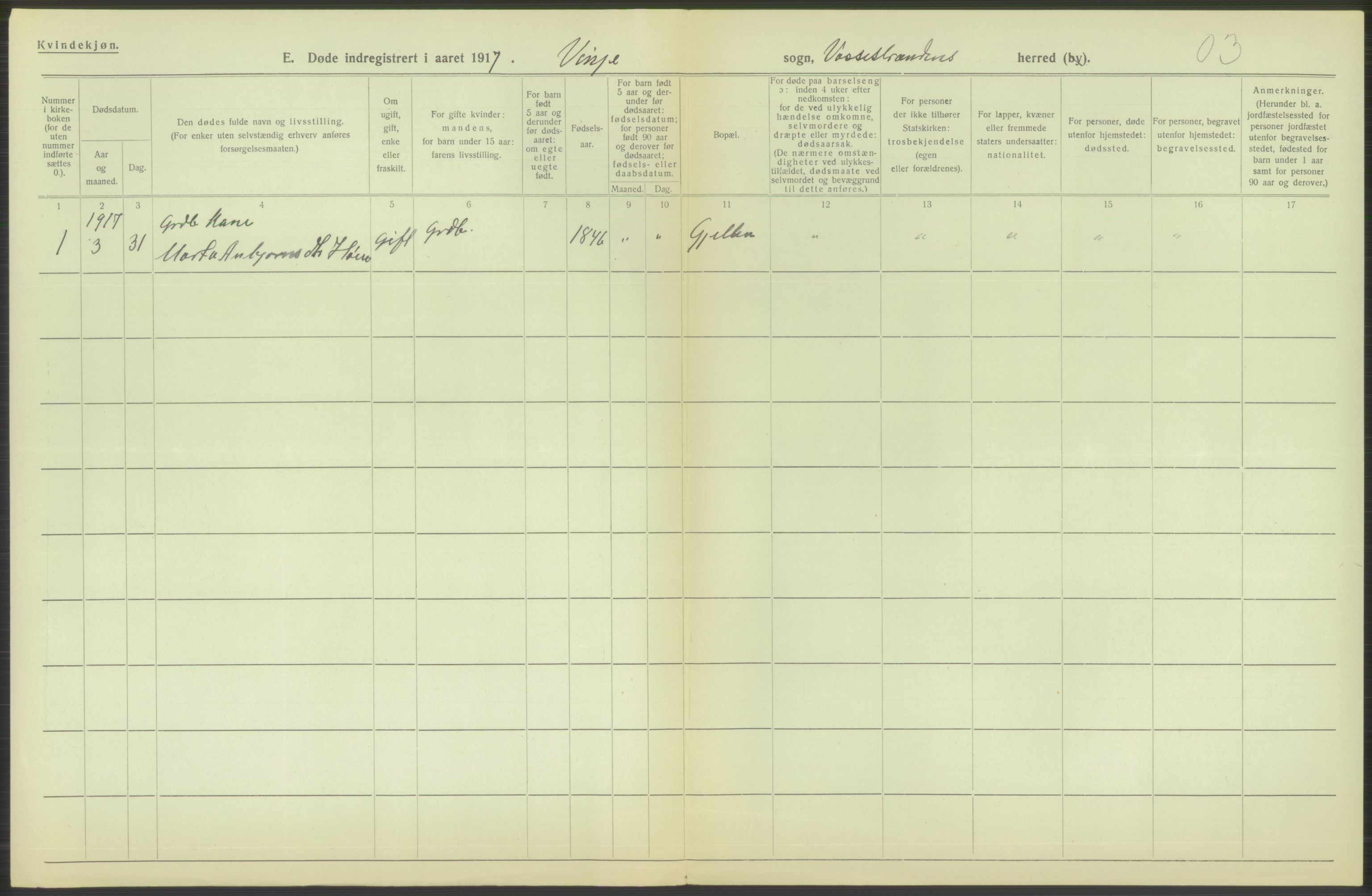 Statistisk sentralbyrå, Sosiodemografiske emner, Befolkning, RA/S-2228/D/Df/Dfb/Dfbg/L0036: S. Bergenhus amt: Døde, dødfødte. Bygder., 1917, s. 424