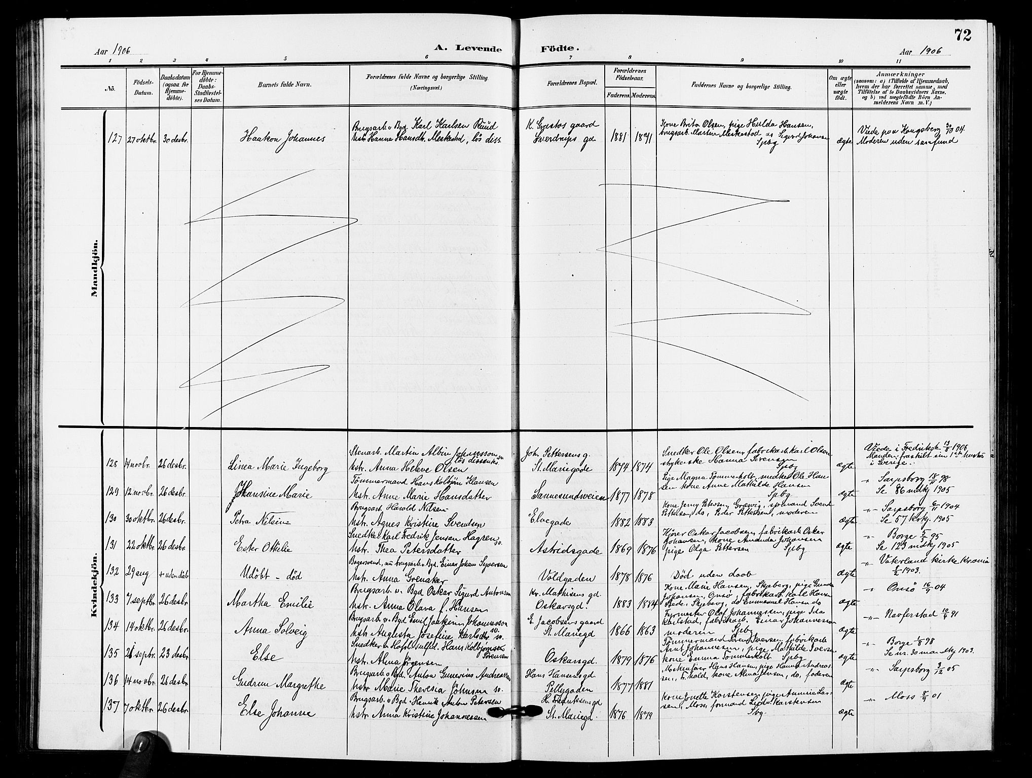 Sarpsborg prestekontor Kirkebøker, AV/SAO-A-2006/G/Ga/L0001: Klokkerbok nr. 1, 1902-1911, s. 72