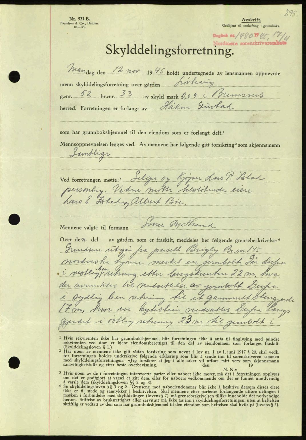 Nordmøre sorenskriveri, AV/SAT-A-4132/1/2/2Ca: Pantebok nr. A100a, 1945-1945, Dagboknr: 1480/1945