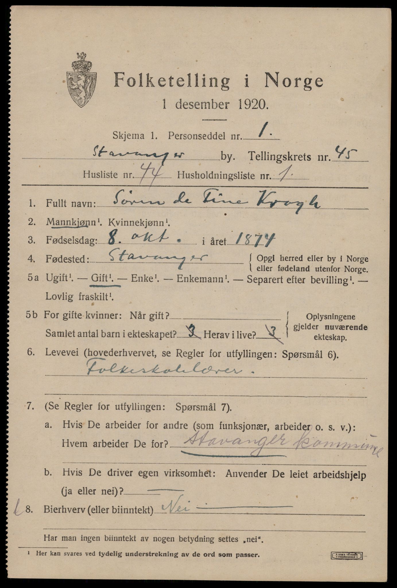 SAST, Folketelling 1920 for 1103 Stavanger kjøpstad, 1920, s. 111008