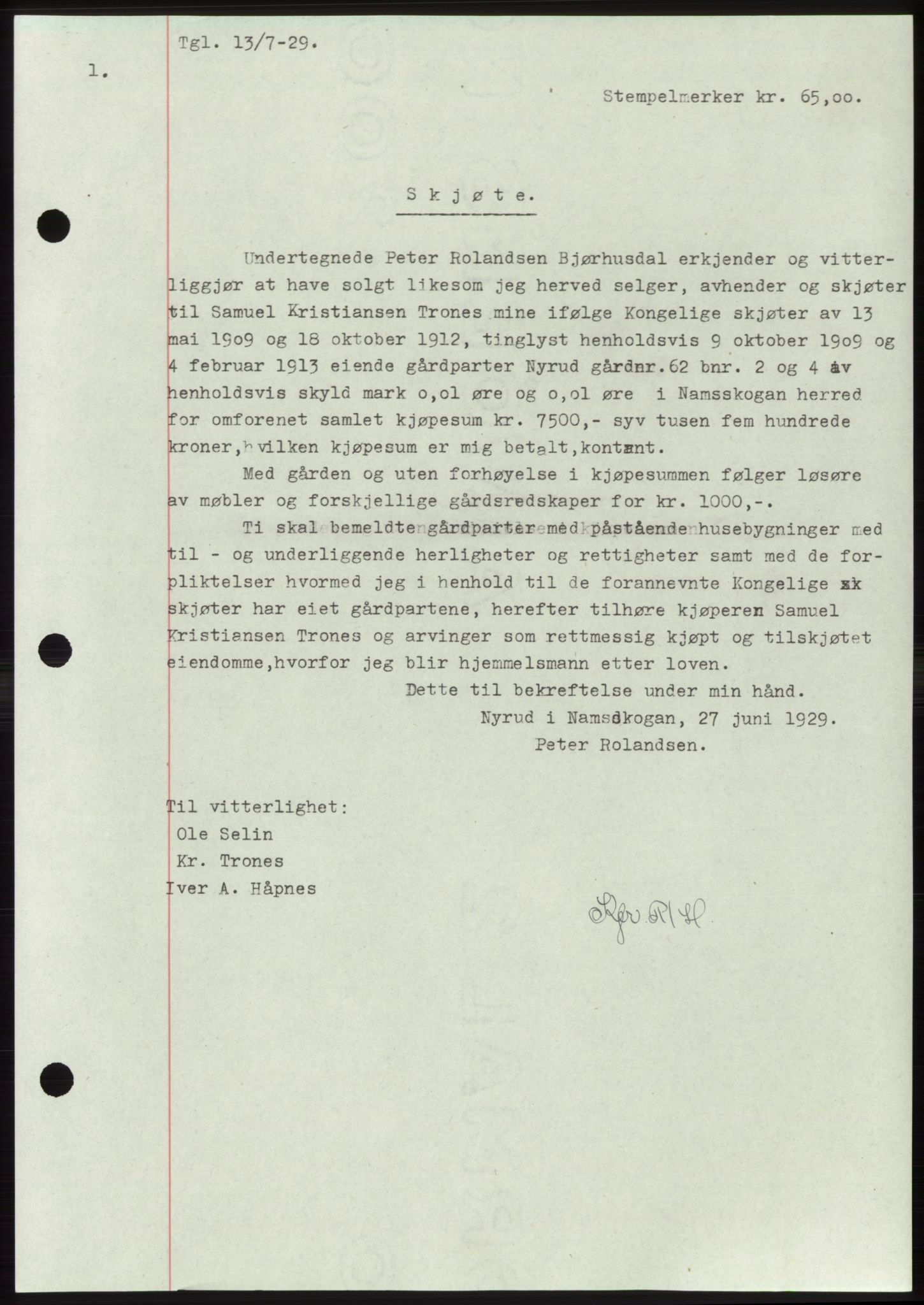 Namdal sorenskriveri, SAT/A-4133/1/2/2C: Pantebok nr. -, 1926-1930, Tingl.dato: 13.07.1929
