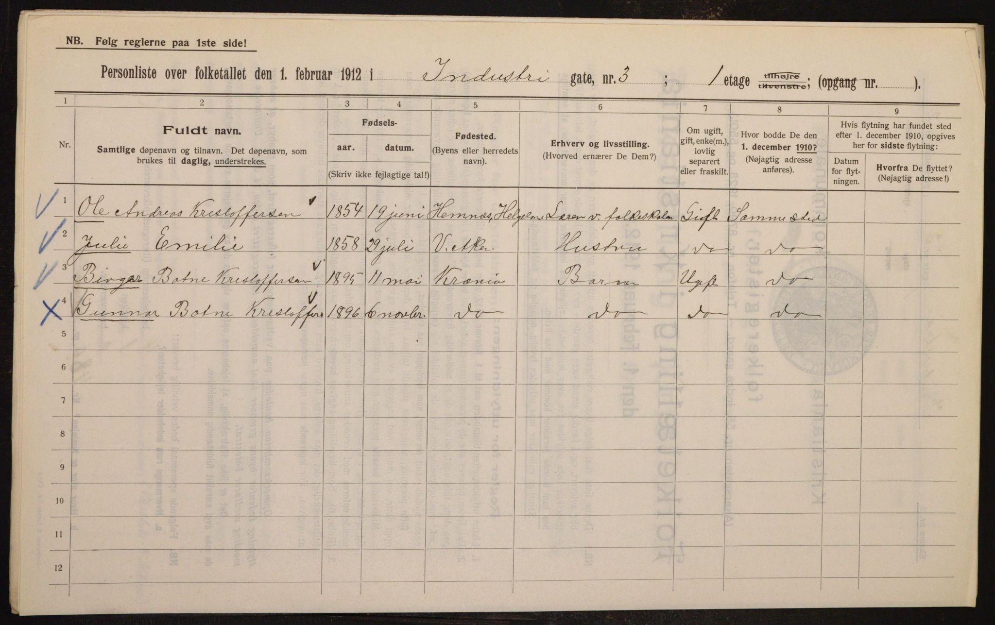 OBA, Kommunal folketelling 1.2.1912 for Kristiania, 1912, s. 43563