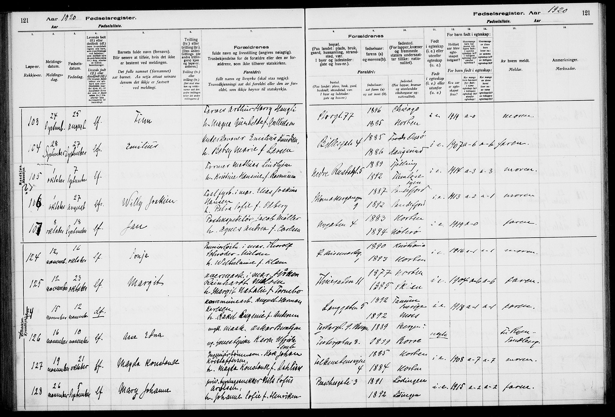 Horten kirkebøker, AV/SAKO-A-348/J/Ja/L0001: Fødselsregister nr. 1, 1916-1923, s. 121