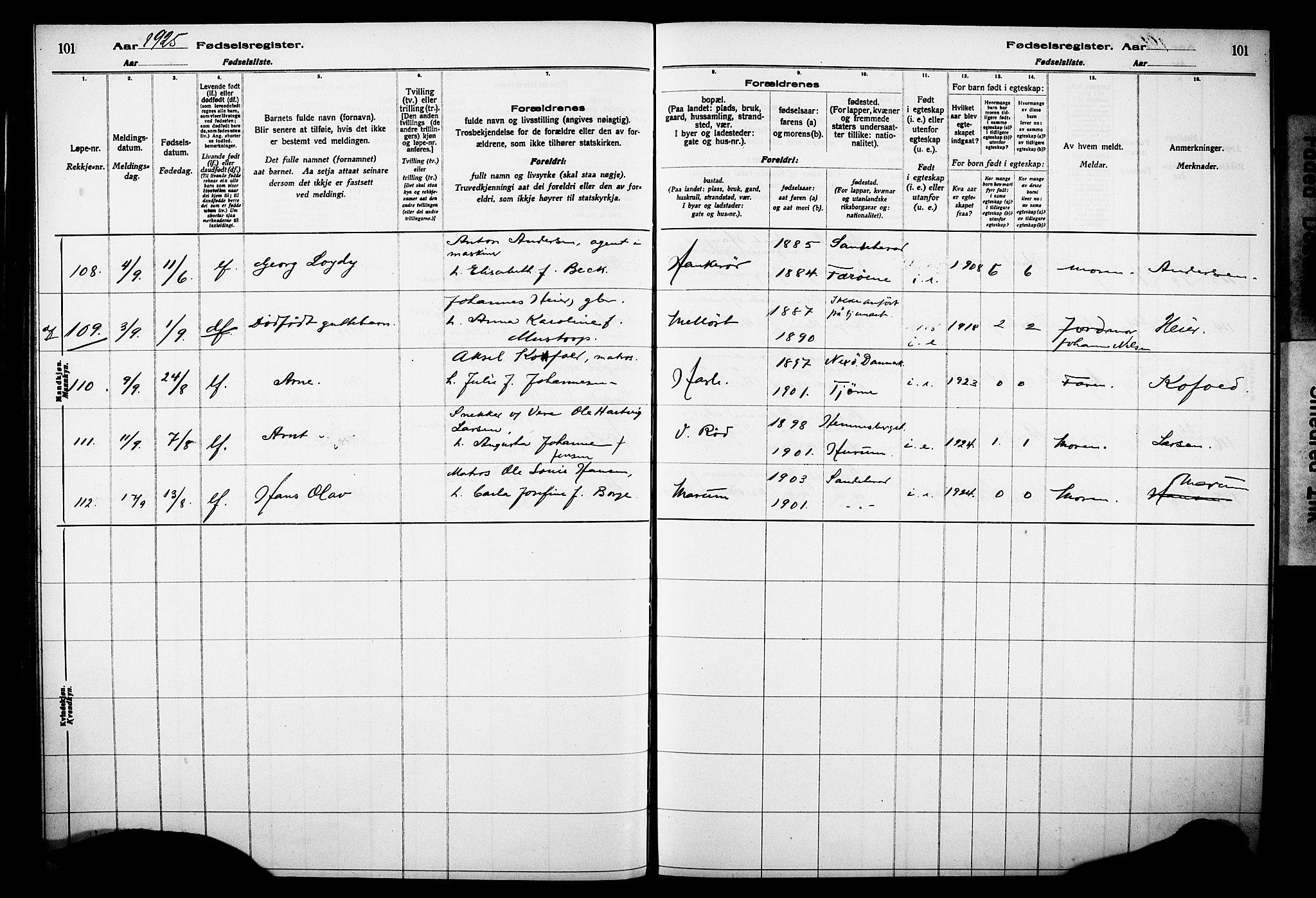 Sandar kirkebøker, AV/SAKO-A-243/J/Ja/L0002: Fødselsregister nr. 2, 1922-1929, s. 101