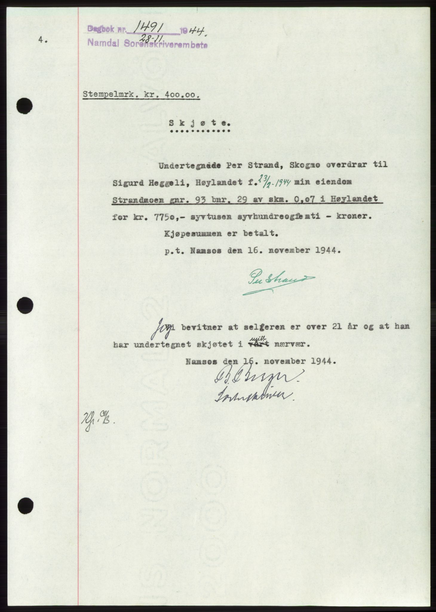 Namdal sorenskriveri, SAT/A-4133/1/2/2C: Pantebok nr. -, 1944-1945, Dagboknr: 1491/1944