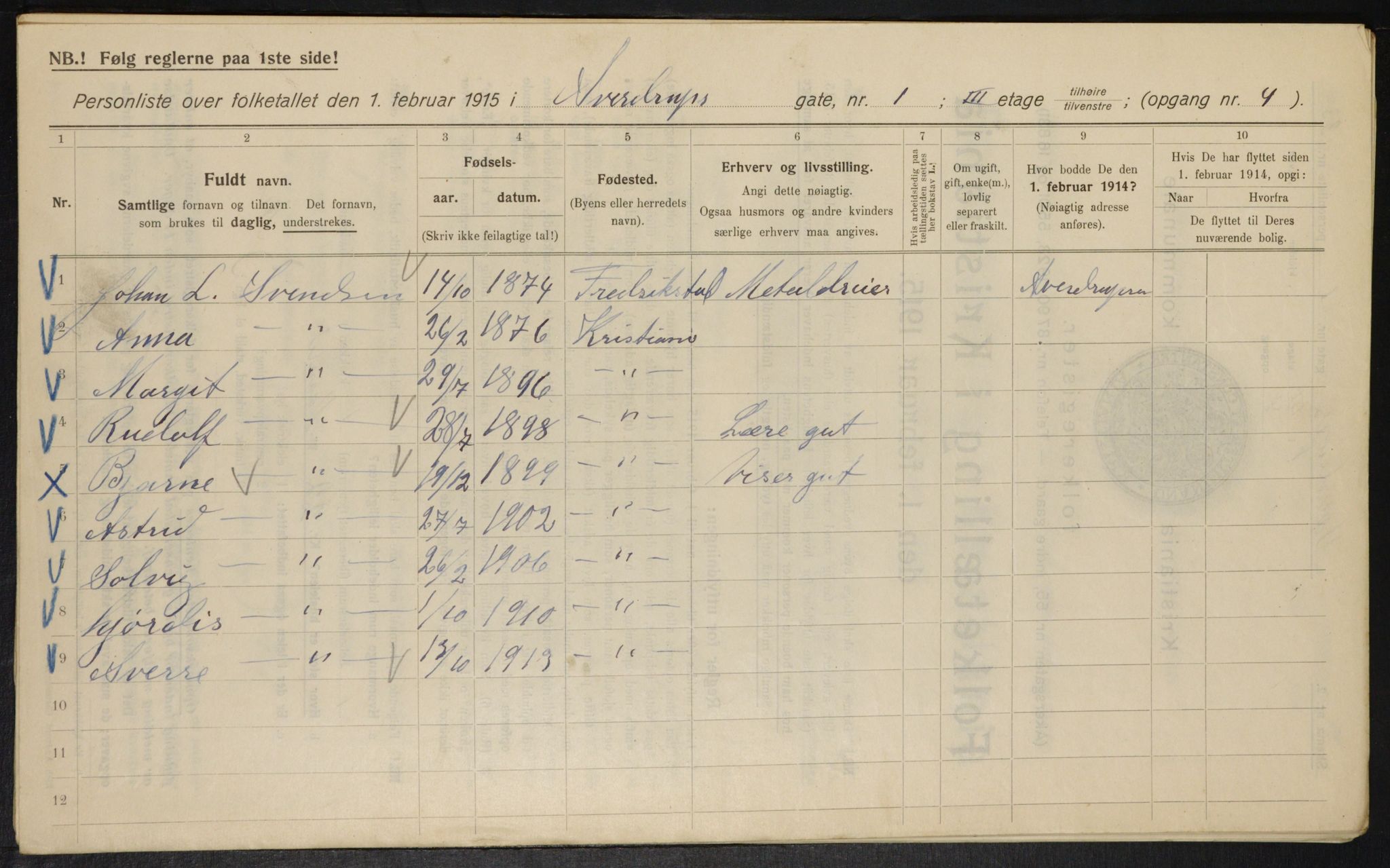 OBA, Kommunal folketelling 1.2.1915 for Kristiania, 1915, s. 105115